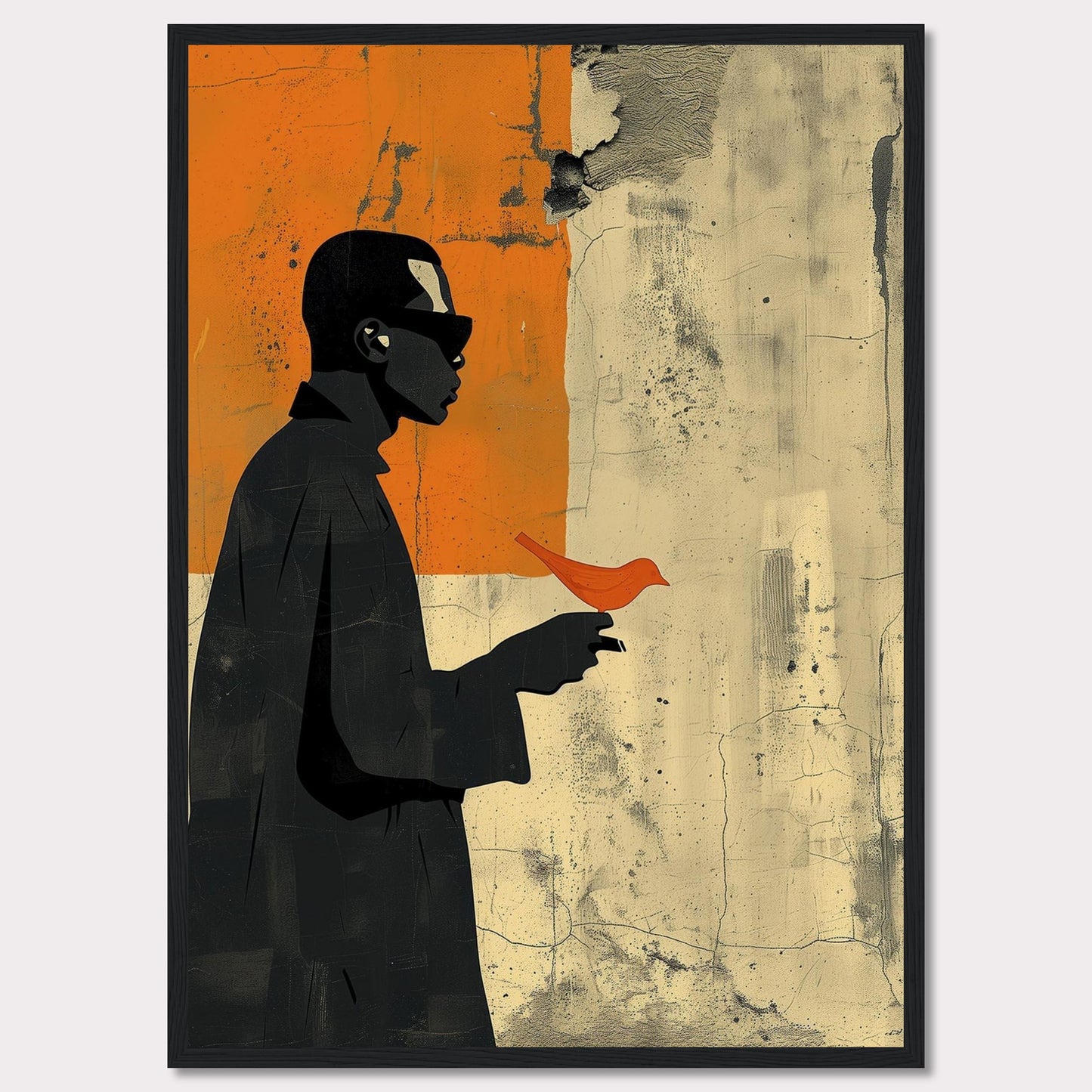 This striking artwork features a silhouette of a person holding a vibrant orange bird against a textured, abstract background. The contrast between the dark figure and the bright bird creates a powerful visual impact.