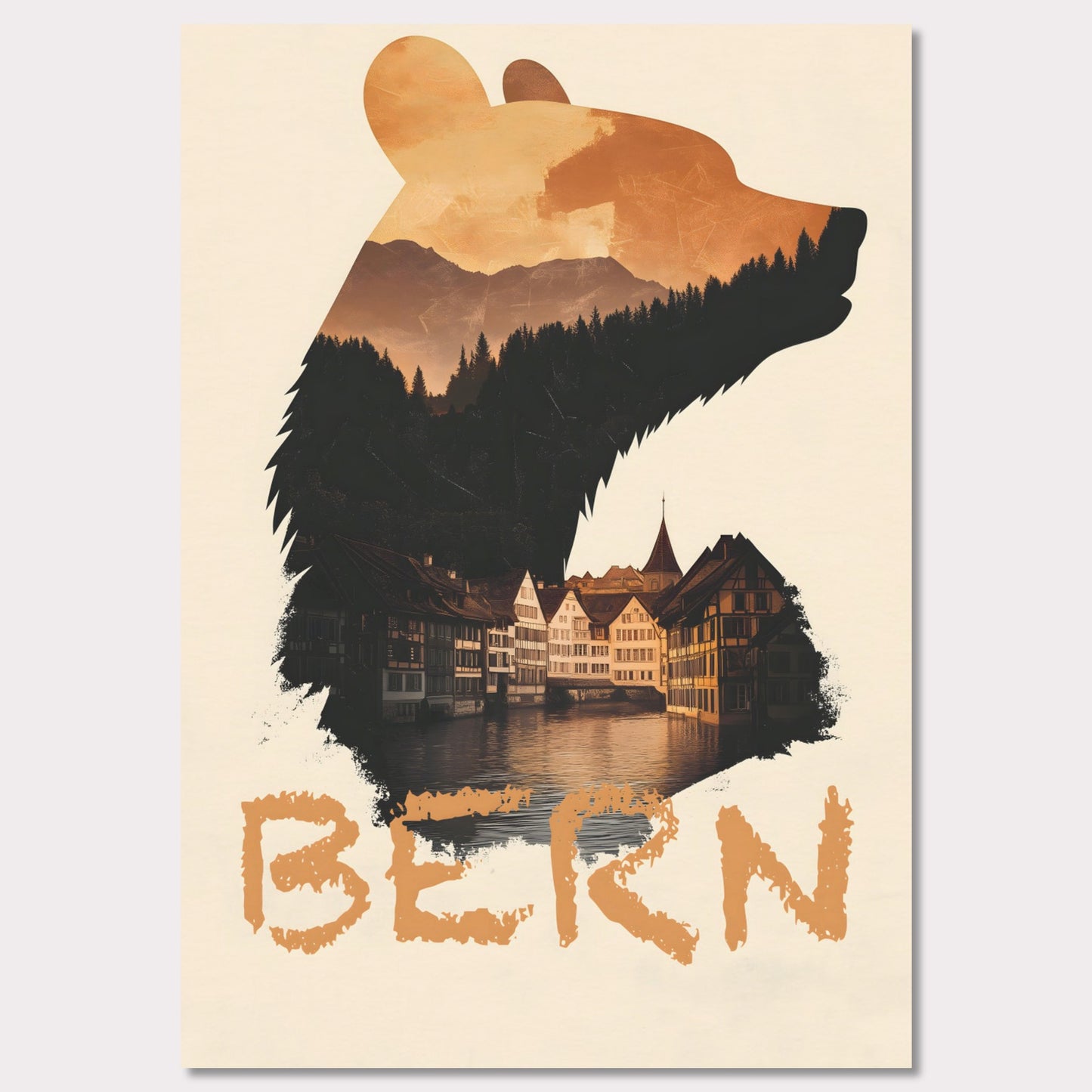 A captivating travel poster that merges Bern’s iconic bear symbol with the city’s historic charm. The silhouette of the bear contains a stunning landscape of alpine forests and traditional Swiss architecture, reflecting the city's rich heritage.