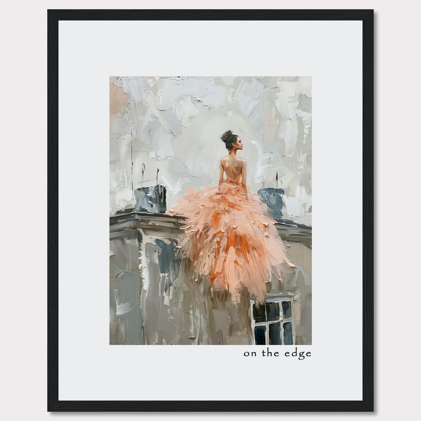 This captivating artwork depicts a woman in a flowing peach dress, standing on the edge of a rooftop. The painting's impressionistic style adds a dreamy, ethereal quality to the scene.