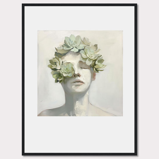 This captivating artwork features a serene face adorned with a crown of succulents, blending nature and human form in a harmonious expression.