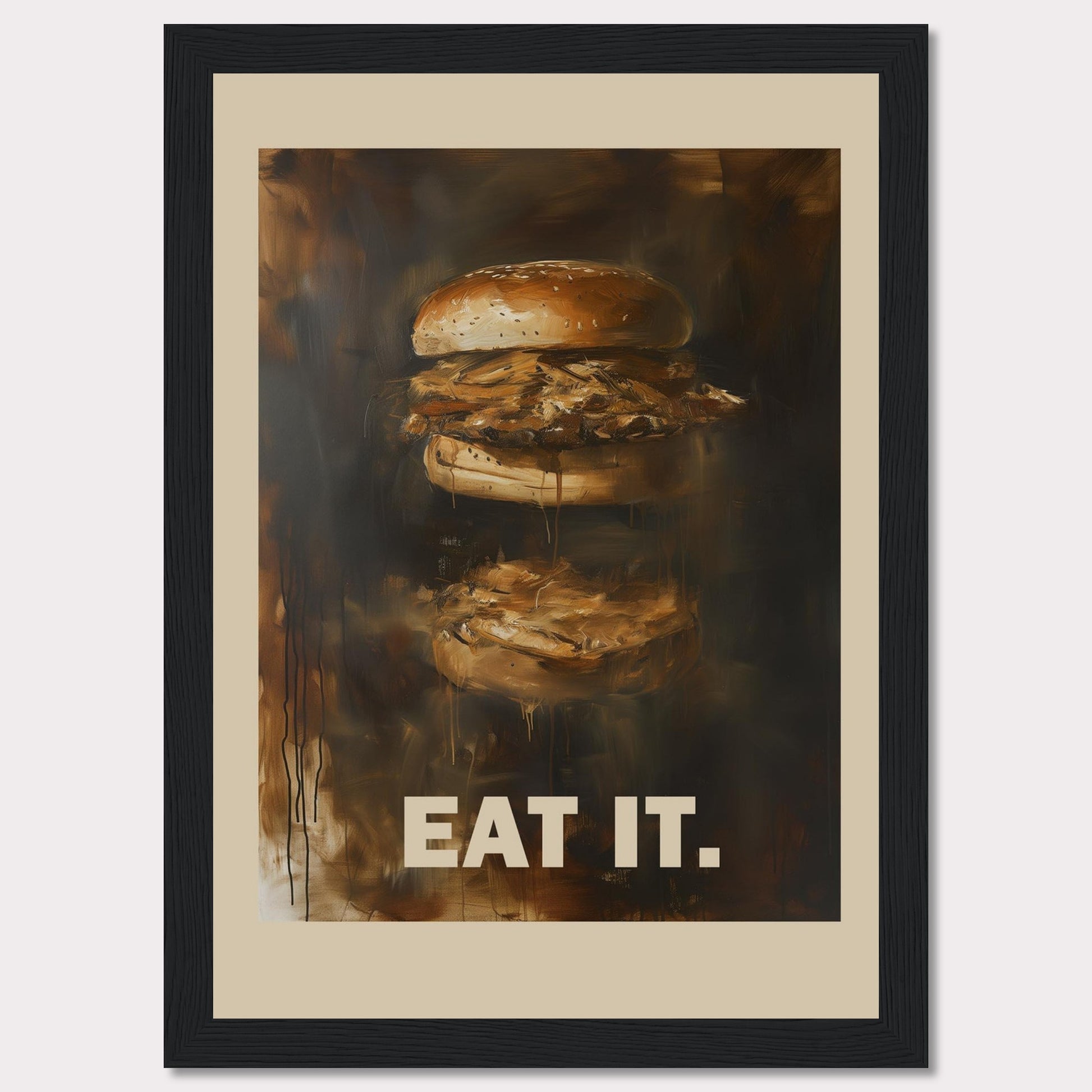 This image features an artistic depiction of a juicy burger with the words "EAT IT." prominently displayed at the bottom. The painting captures the essence of a delicious, mouth-watering burger with rich, dark tones and a slightly abstract style.