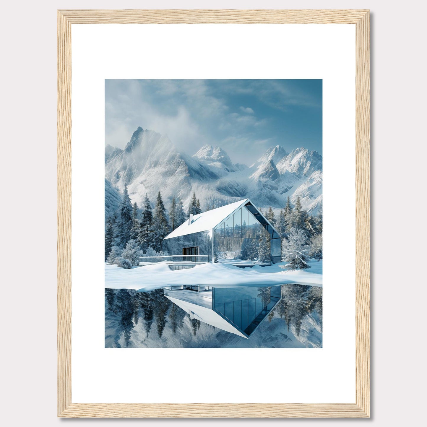 This stunning image showcases a modern glass house nestled in a serene snowy landscape, with majestic mountains in the background. The reflection of the house and trees on the calm water adds to the tranquil ambiance.