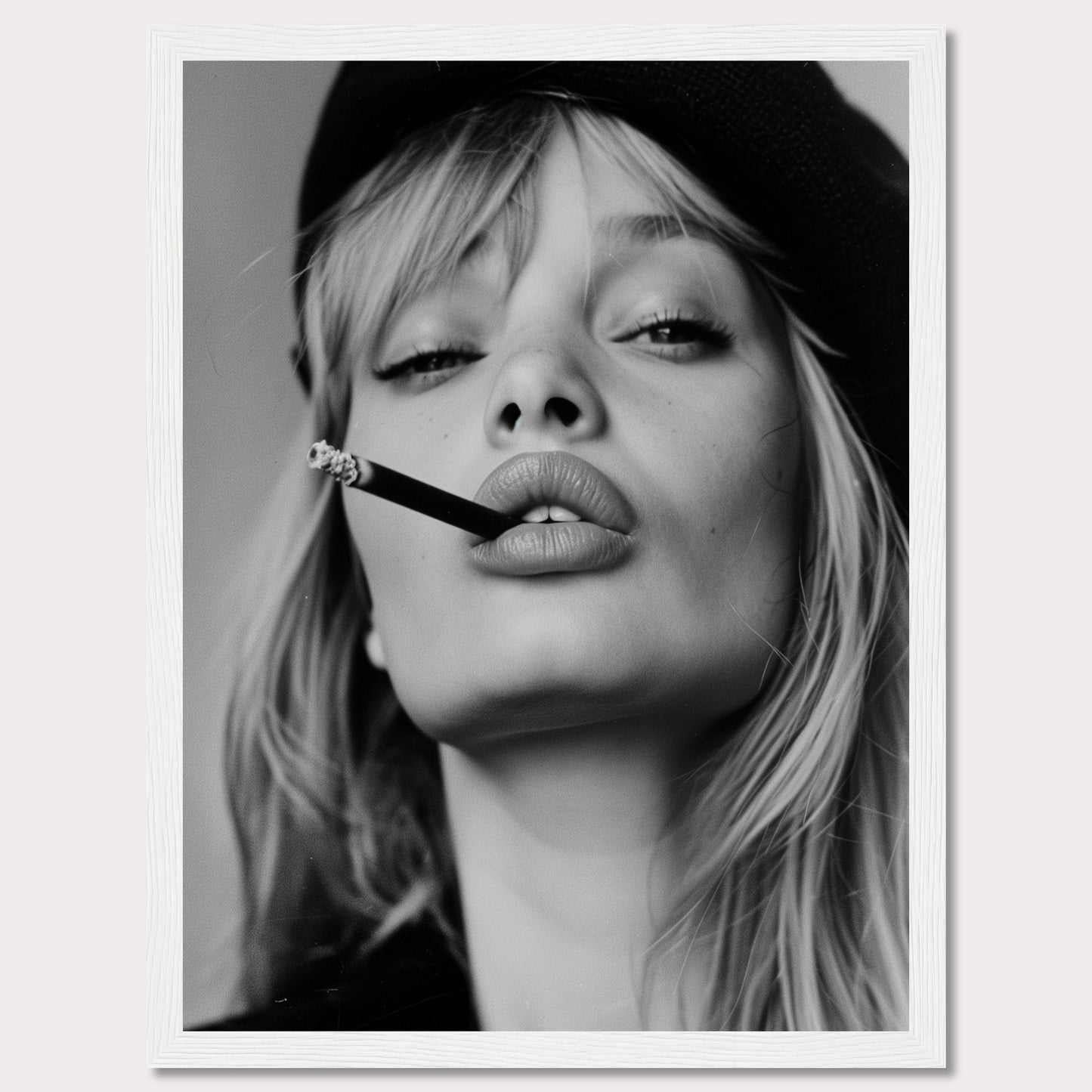 This striking black and white portrait captures a woman with a cigarette between her lips, exuding confidence and allure. Her intense gaze, slightly parted lips, and the casual placement of the cigarette create a bold and edgy aesthetic. The image is framed in a sleek black border, adding to its sophisticated appeal.