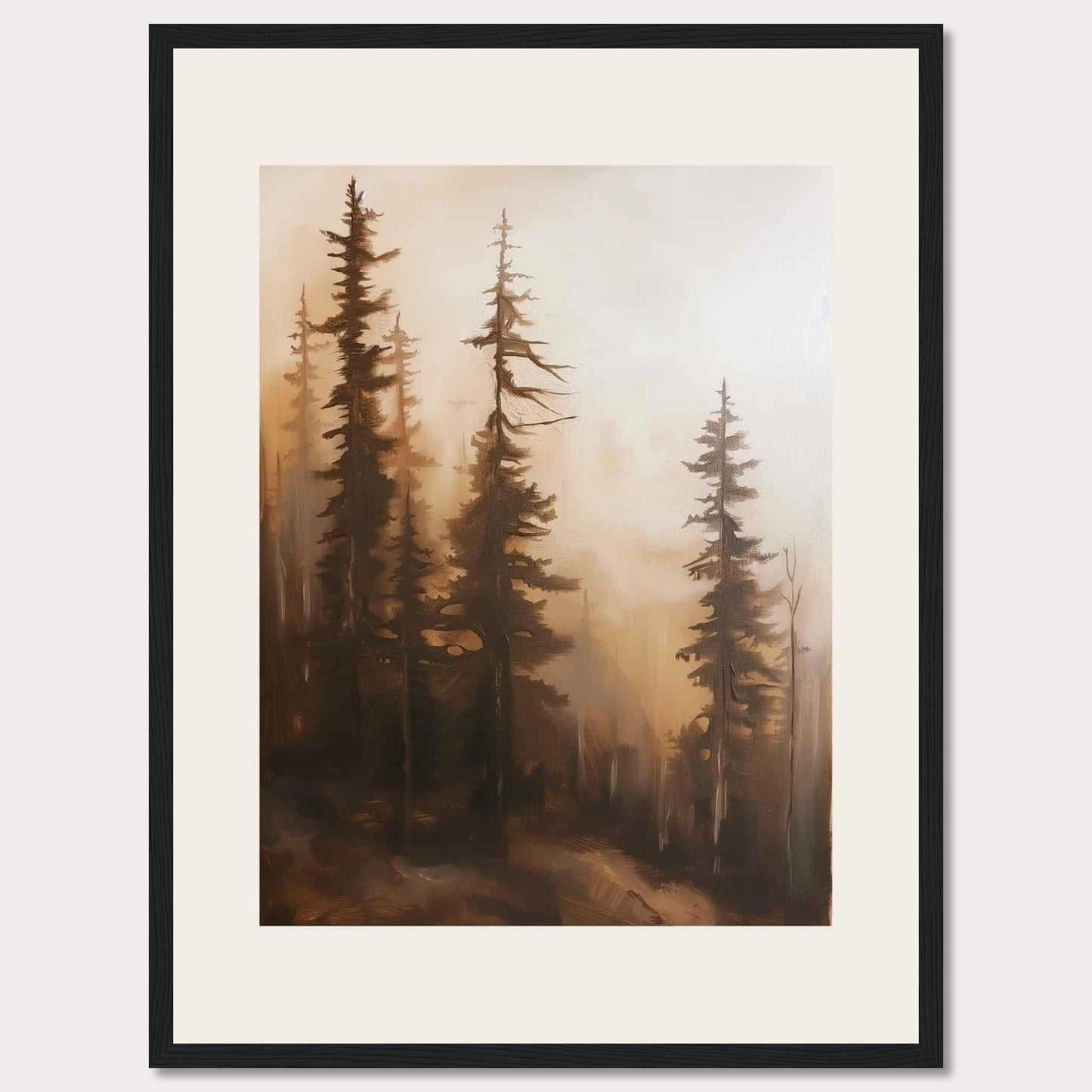 This captivating artwork features a serene forest scene enveloped in mist, evoking a sense of tranquility and mystery. The tall, slender trees stand majestically, their branches reaching out into the foggy atmosphere. The soft, warm hues create a calming ambiance, making it a perfect addition to any living space.