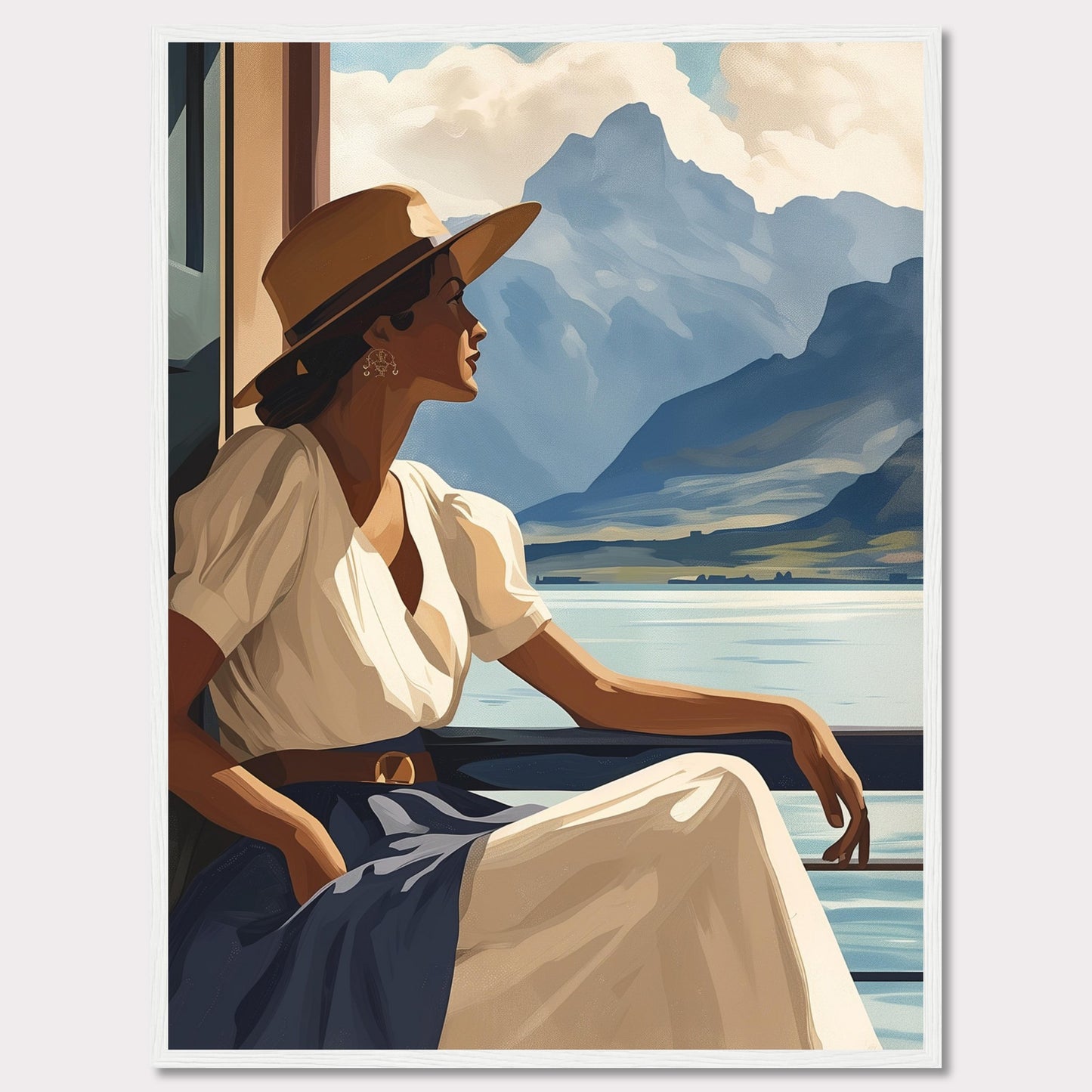 This captivating artwork features a serene woman in a white dress and wide-brimmed hat, gazing out at a tranquil lake with majestic mountains in the background. The scene evokes a sense of peace and contemplation, inviting viewers to pause and appreciate the beauty of nature.