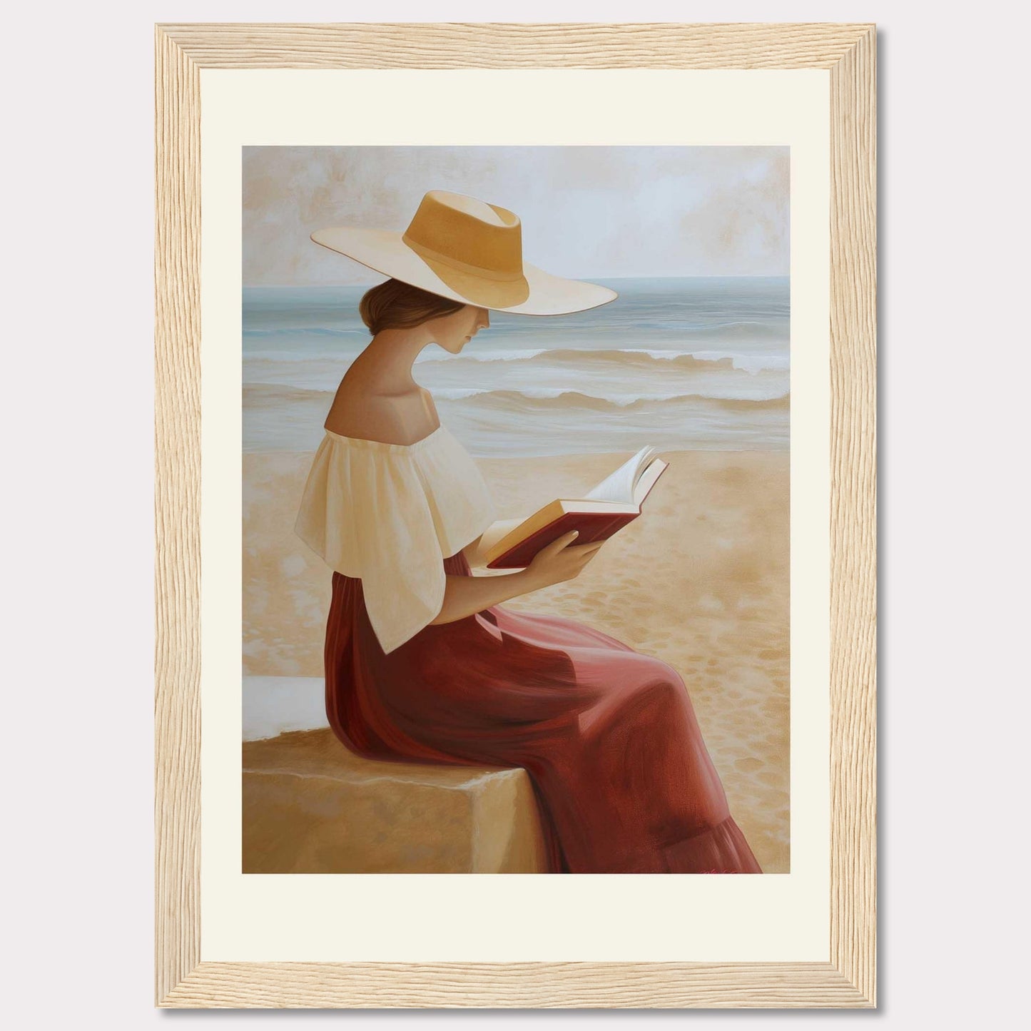 This serene painting depicts a woman sitting by the beach, engrossed in a book. She wears a wide-brimmed hat and a flowing dress, with the ocean waves gently rolling in the background.