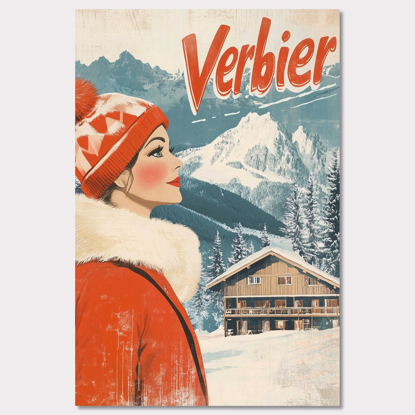 This elegant retro-style poster features a woman in a stylish red winter coat and pom-pom hat, looking towards the majestic Verbier mountains. The soft pastel tones and crisp white snow provide a serene backdrop, while the vintage design and typography evoke a sense of sophistication and timeless charm. The poster conveys the allure of Verbier as both an adventure and a refined escape into nature’s beauty.