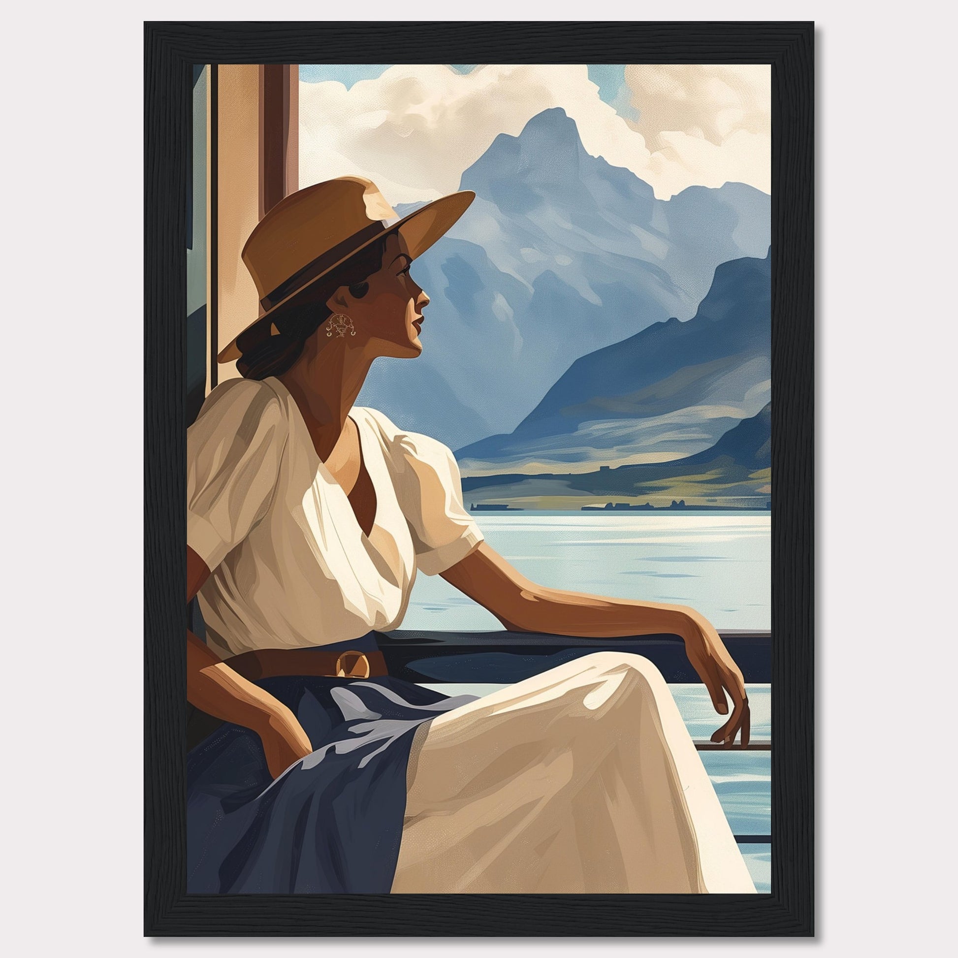 This captivating artwork features a serene woman in a white dress and wide-brimmed hat, gazing out at a tranquil lake with majestic mountains in the background. The scene evokes a sense of peace and contemplation, inviting viewers to pause and appreciate the beauty of nature.