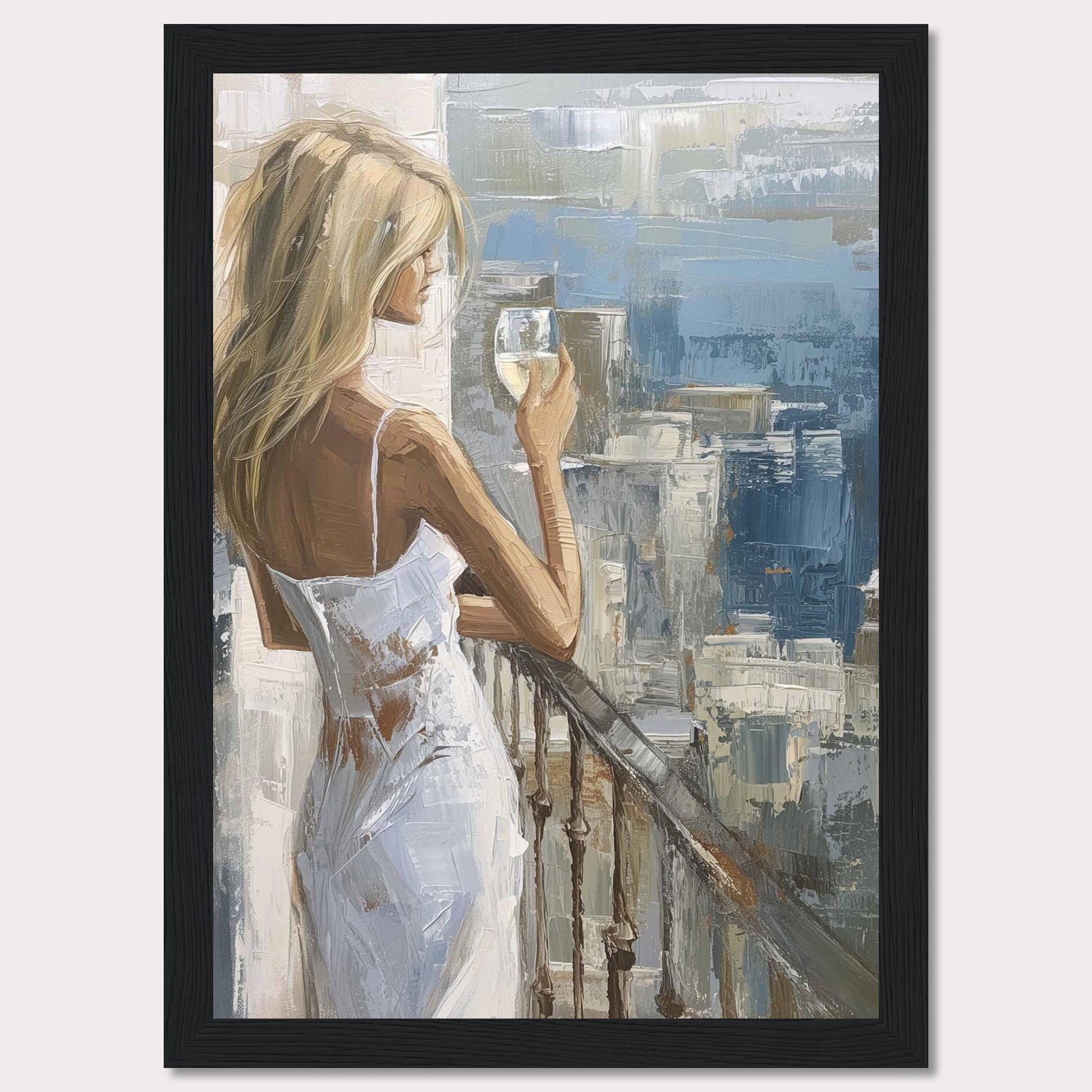 This painting depicts a serene moment where a woman, dressed in a white dress, stands on a balcony holding a glass of wine. The background features an impressionistic cityscape with various shades of blue and gray.