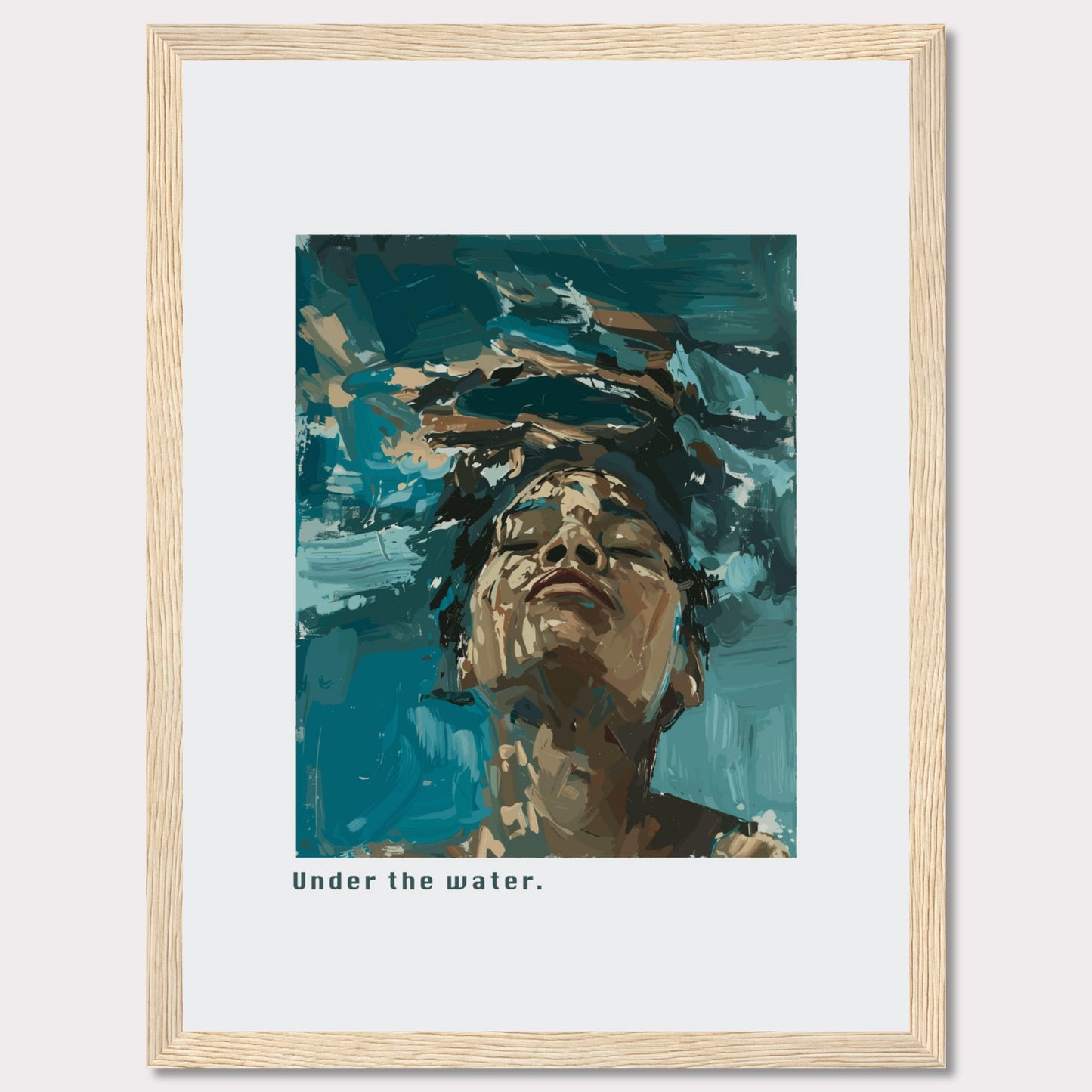 This captivating artwork depicts a serene moment of tranquility and introspection. The image shows a person submerged in water, their face emerging towards the surface, eyes closed in a peaceful expression.