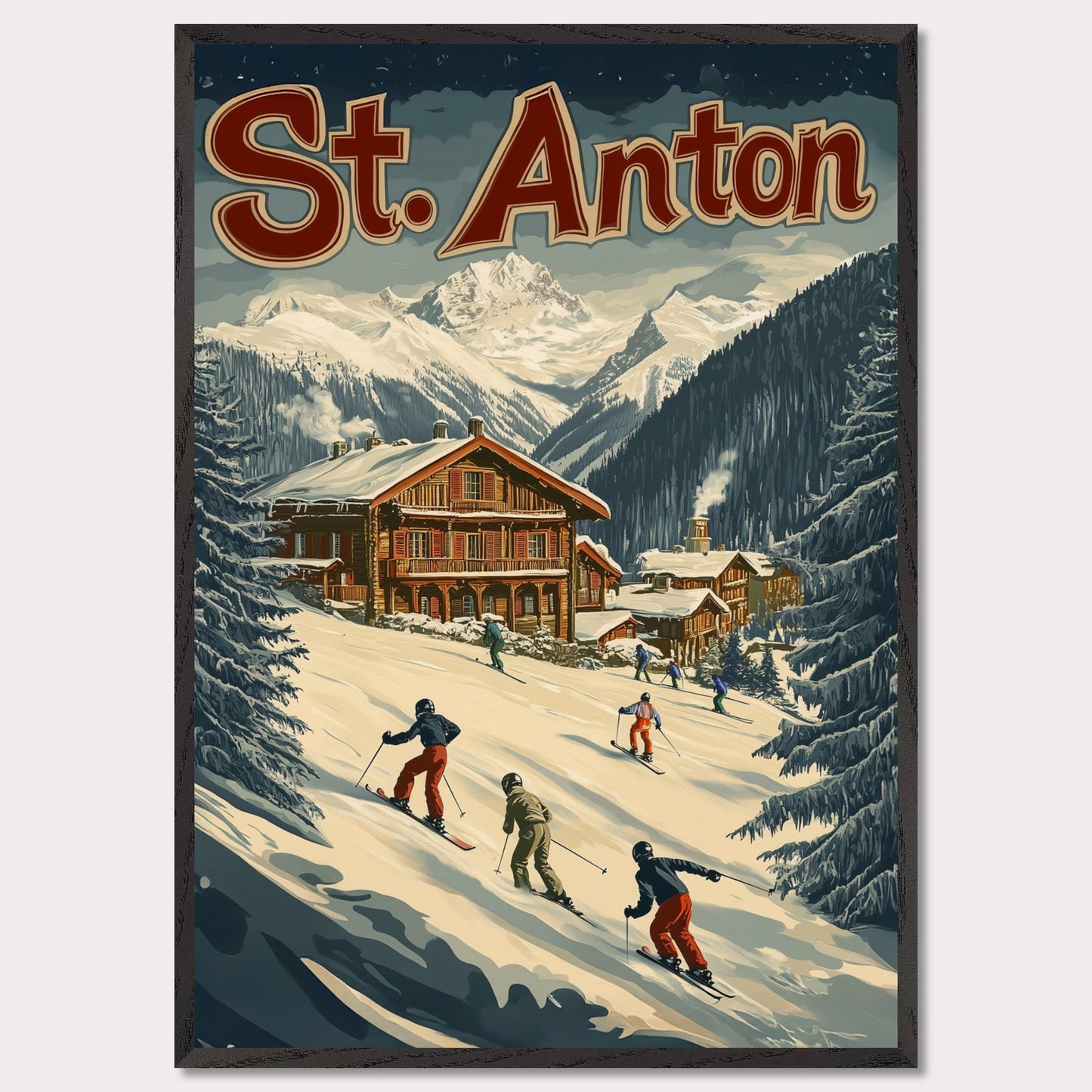 This minimalist yet striking poster captures the essence of St. Anton's alpine charm through its dynamic composition and vintage-inspired design. At the heart of the image is a group of skiers gracefully descending the snowy slopes, framed by towering evergreens and a cozy wooden chalet. The vibrant yet balanced color palette enhances the lively appeal, blending a sense of adventure and winter serenity.