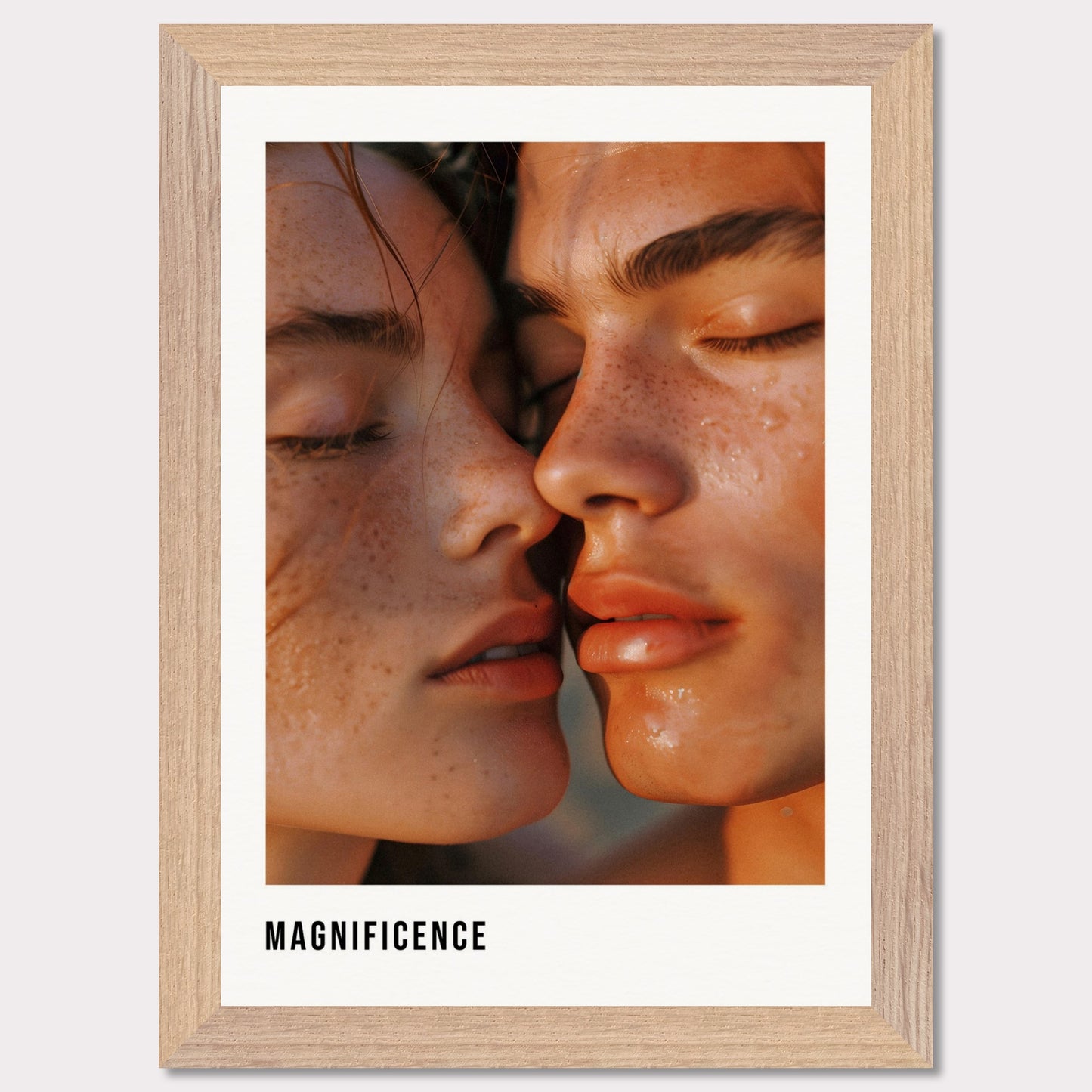 This illustration shows a close-up of two individuals with their faces intimately close, highlighting their freckles and closed eyes.

This poster will fit well in a modern living room, bedroom, or art studio, adding a touch of elegance and intimacy to the space.