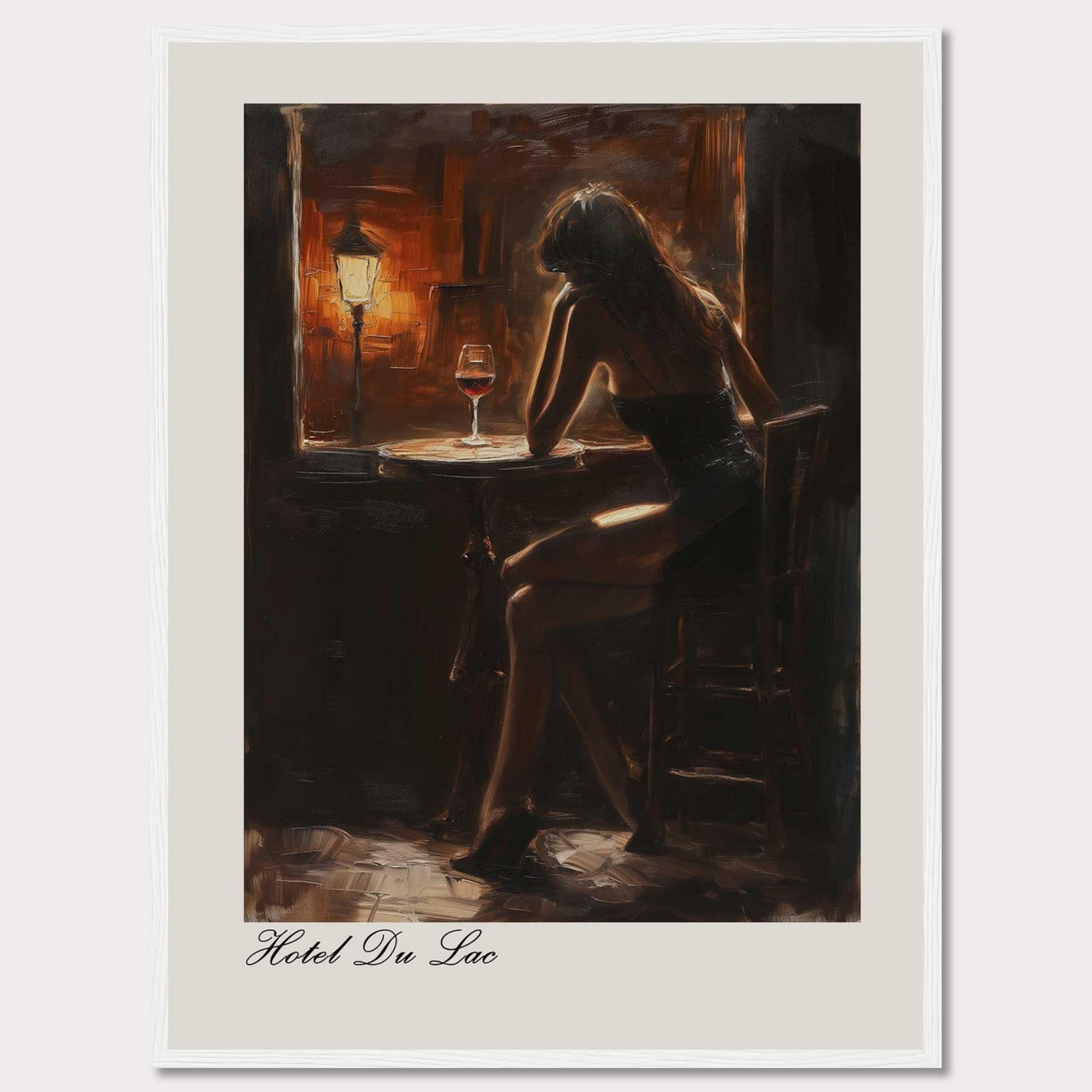 This evocative artwork captures a solitary moment in a dimly lit bar. A woman sits contemplatively at a small round table, illuminated by the warm glow of a nearby lamp. A glass of red wine rests on the table, adding to the intimate and reflective atmosphere. The painting is titled "Hotel Du Lac," suggesting a scene filled with stories and emotions.