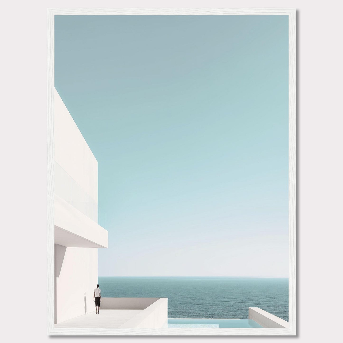 This serene image captures a minimalist coastal scene featuring a modern white building overlooking the tranquil ocean. A solitary figure stands on a balcony, gazing out at the expansive sea and clear sky. The composition exudes calmness and simplicity, inviting viewers to embrace a moment of peaceful reflection.