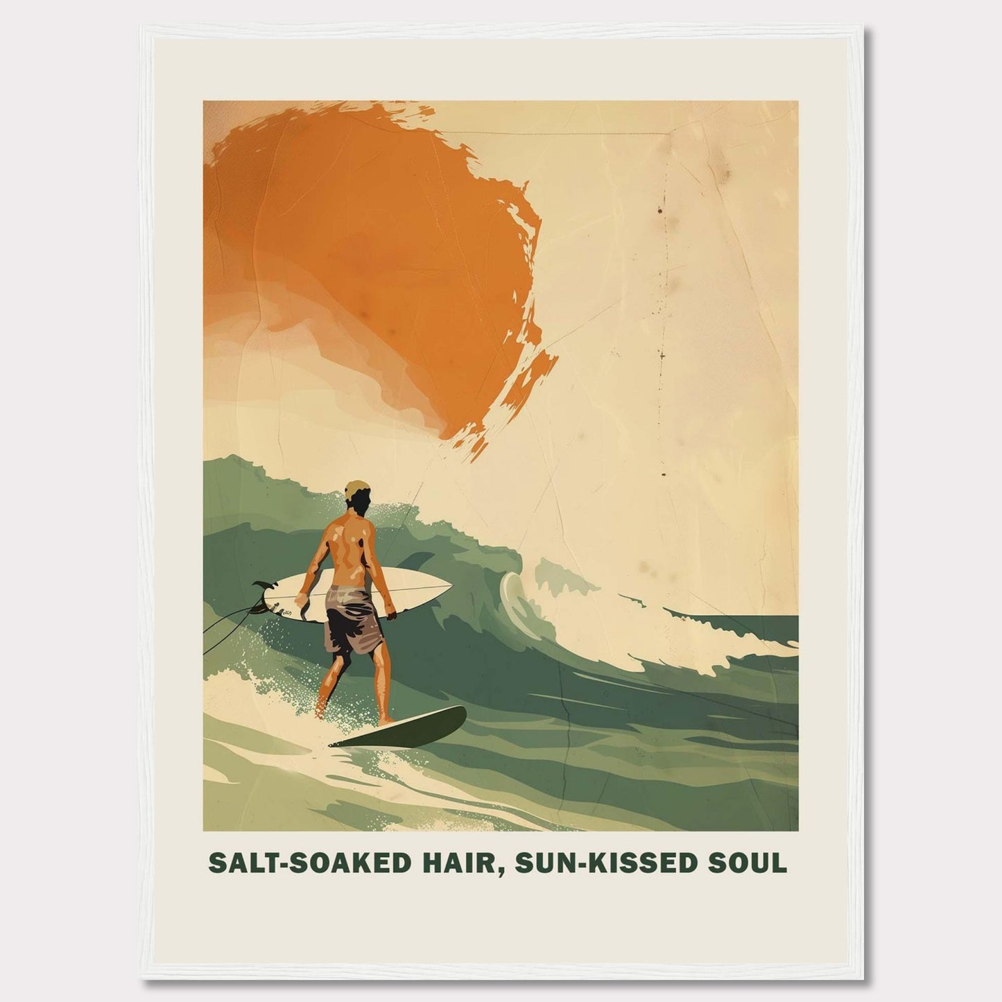 This vibrant poster showcases a surfer riding a wave with the sun setting in the background. 