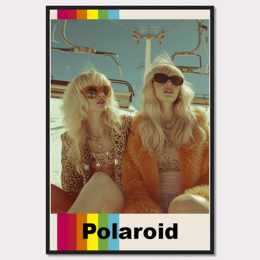 This vibrant Polaroid poster captures two stylish women wearing retro outfits and sunglasses, enjoying a sunny day on a ski lift.