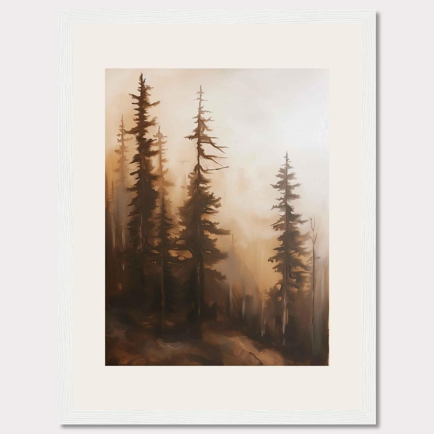 This captivating artwork features a serene forest scene enveloped in mist, evoking a sense of tranquility and mystery. The tall, slender trees stand majestically, their branches reaching out into the foggy atmosphere. The soft, warm hues create a calming ambiance, making it a perfect addition to any living space.