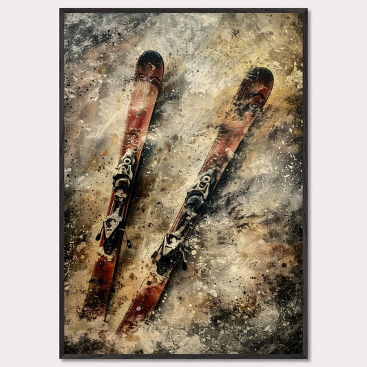 This image showcases a pair of vintage red skis with bindings, set against a textured, abstract background. The skis are positioned diagonally, creating a dynamic and energetic composition.