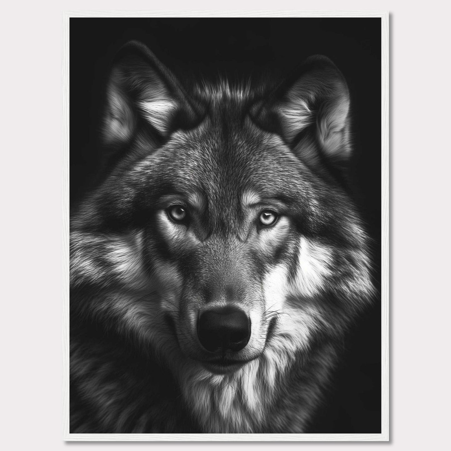 Immerse yourself in the captivating gaze of a majestic wolf with this stunning black and white portrait. The detailed fur, intense eyes, and powerful presence make this artwork a striking addition to any space.