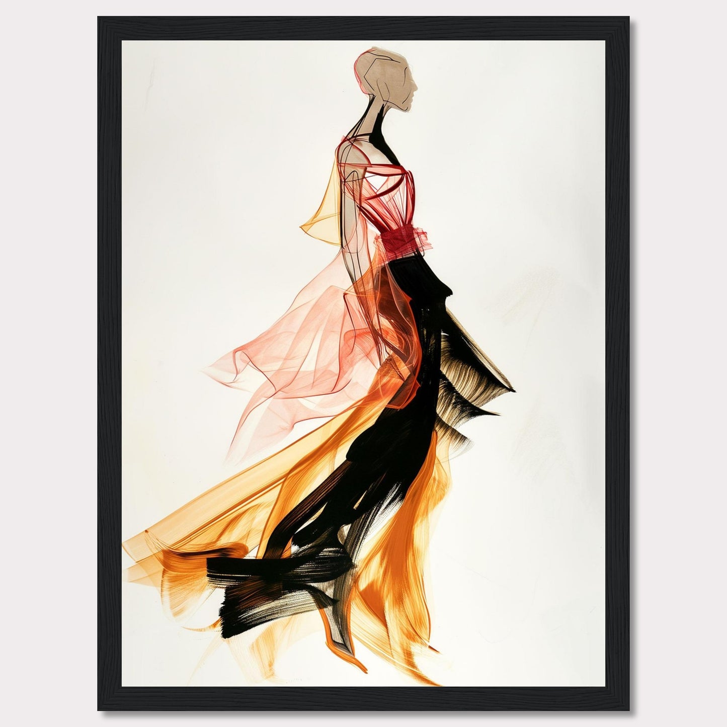 This captivating artwork showcases a fashion illustration of a figure in a flowing, vibrant dress. The dress features dynamic colors and textures, blending red, orange, and black hues. The abstract style and fluid lines create a sense of movement and elegance.