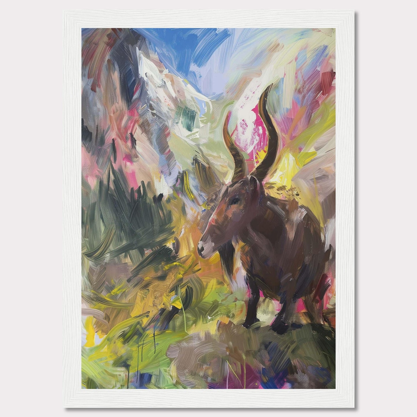 This vibrant painting captures a majestic animal with large horns standing amidst a colorful, abstract landscape. The background features dynamic brushstrokes of mountains, sky, and foliage, blending together in an explosion of colors.