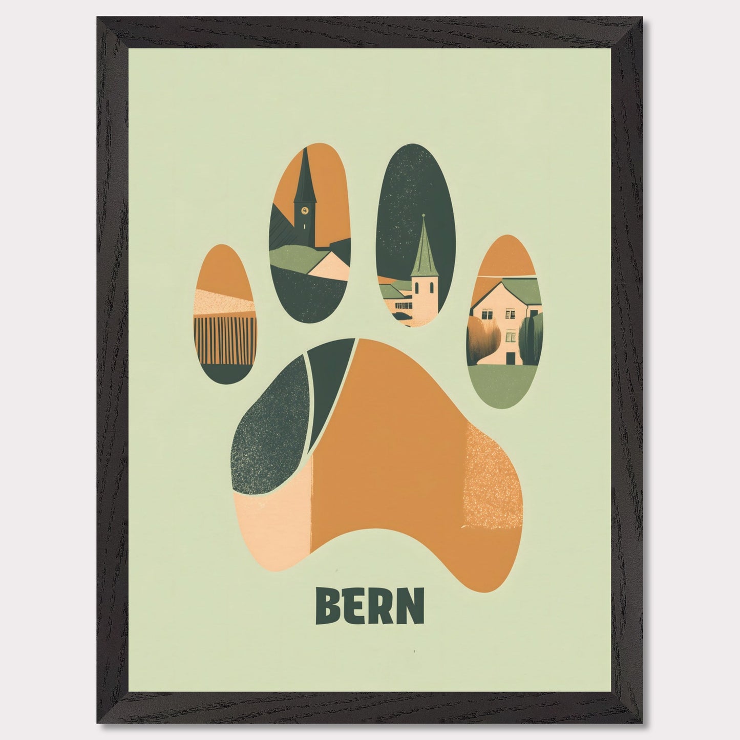 This unique poster blends the charm of Bern’s architecture with the city’s symbolic bear in an abstract, paw-print design. The warm earth tones and clean lines create a harmonious balance between modern minimalism and historical elements.