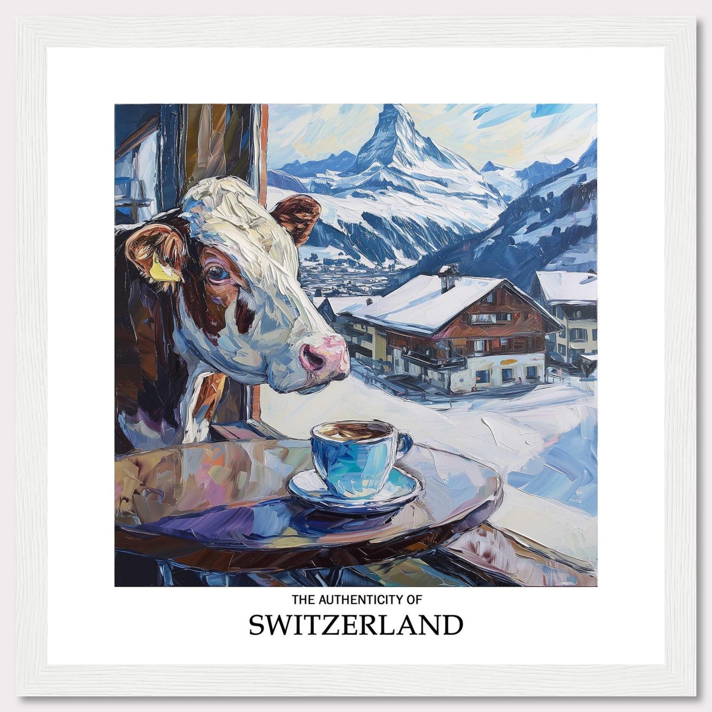 A charming painting captures the essence of Switzerland, featuring a curious cow peeking out of a window, a steaming cup of coffee, and a picturesque snowy village with the majestic Swiss Alps in the background.