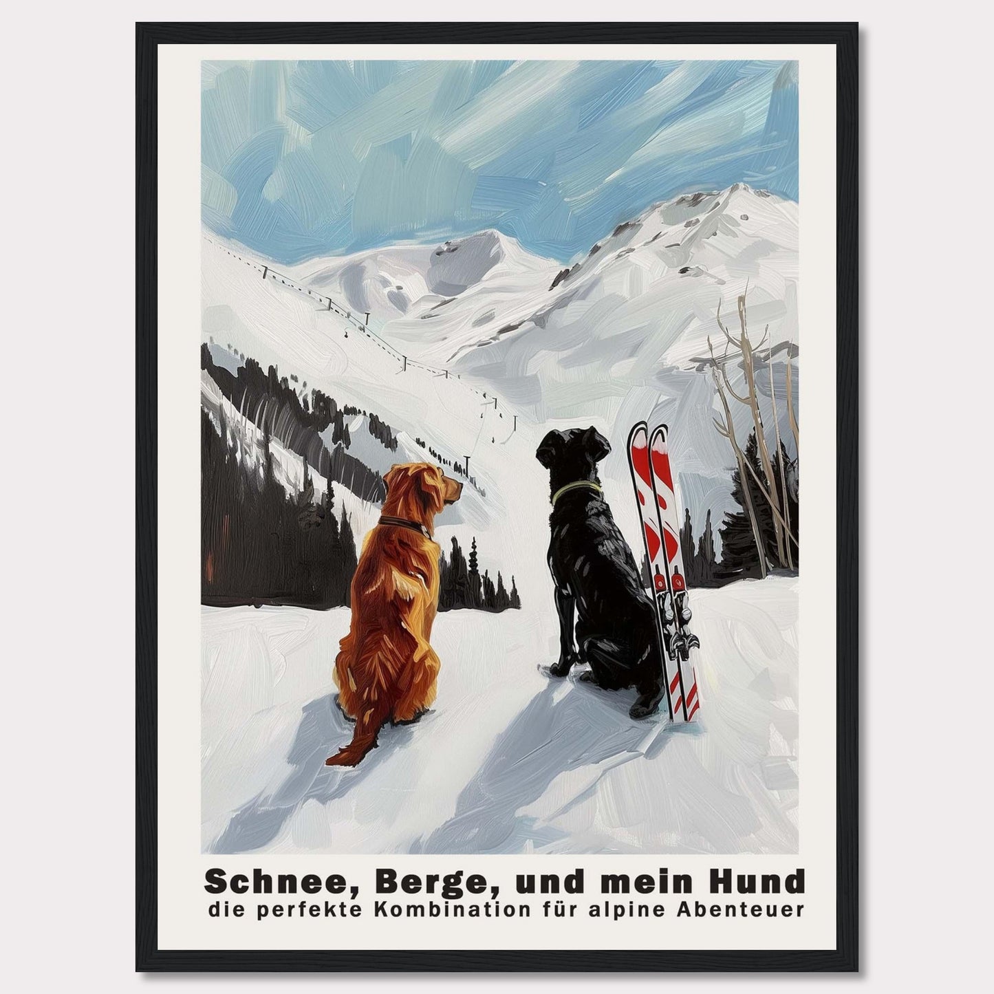 3087444caThis image depicts two dogs sitting in the snow, gazing at a snowy mountain landscape. Next to them is a pair of skis, suggesting an alpine adventure. The sky is clear with a few clouds, adding to the serene and adventurous atmosphere.-79f5-43e6-8150-b853f7c483f2