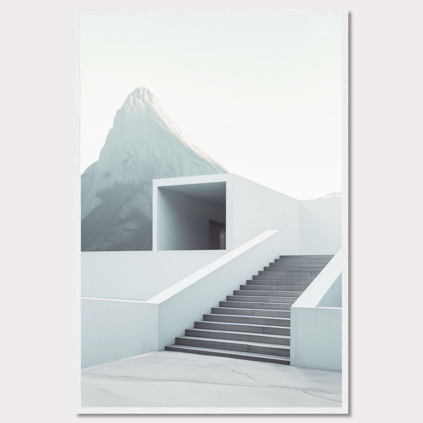 This minimalist artwork features a serene mountain backdrop with a modern architectural staircase leading to a simple, open structure. The clean lines and soft color palette evoke a sense of tranquility and sophistication.