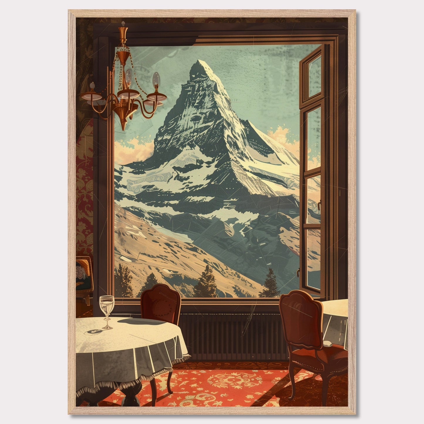 Witness the breathtaking view of a majestic snow-capped mountain through an elegantly framed window. This serene setting features a cozy dining area with classic furniture, a radiant chandelier, and a beautifully patterned carpet.