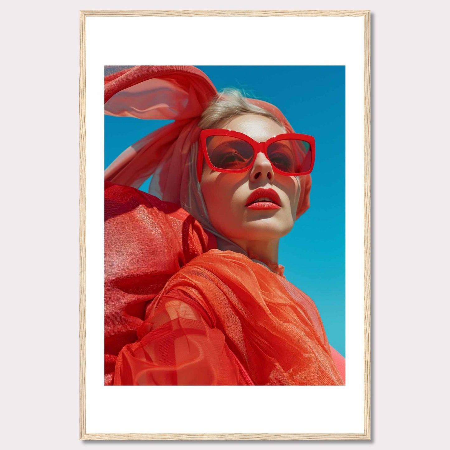 This striking photo features a confident woman wearing bold red sunglasses and a matching headscarf against a vibrant blue sky. The image is framed in a sleek black border, enhancing its modern aesthetic.