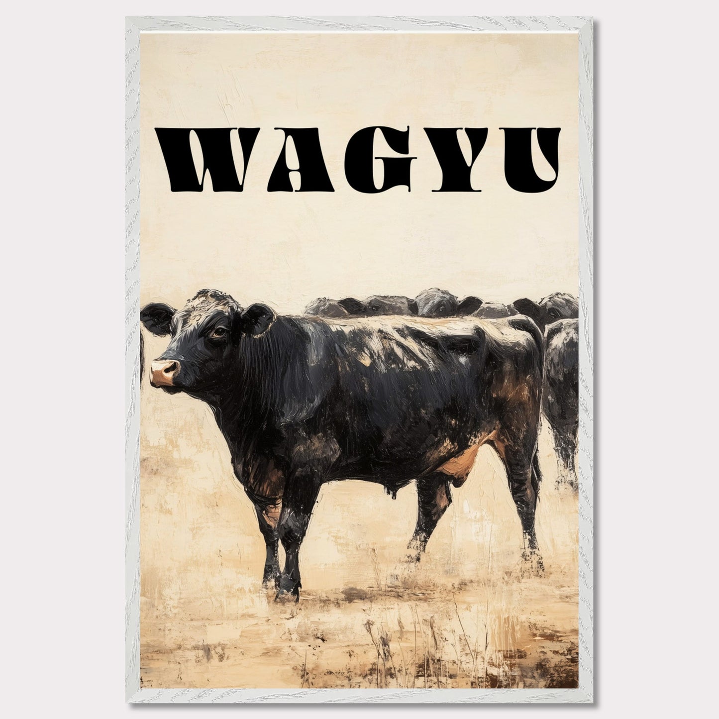 This image features a striking illustration of a Wagyu cow standing prominently in the foreground. The word "WAGYU" is boldly displayed at the top in large, black letters. The background shows more cows, adding depth to the scene.