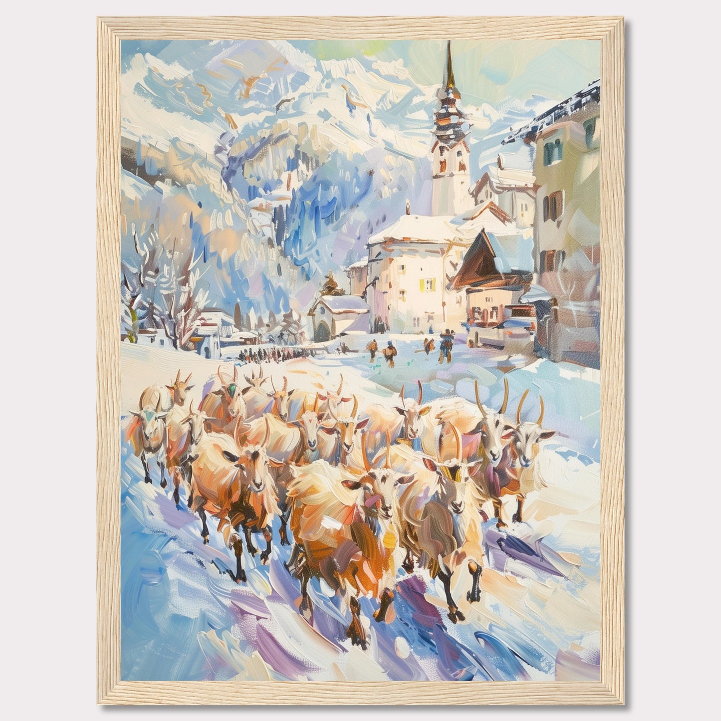 This captivating painting depicts a serene winter village scene with a herd of sheep being guided through the snow-covered streets. The backdrop features majestic snow-capped mountains and charming alpine architecture, including a prominent church steeple.