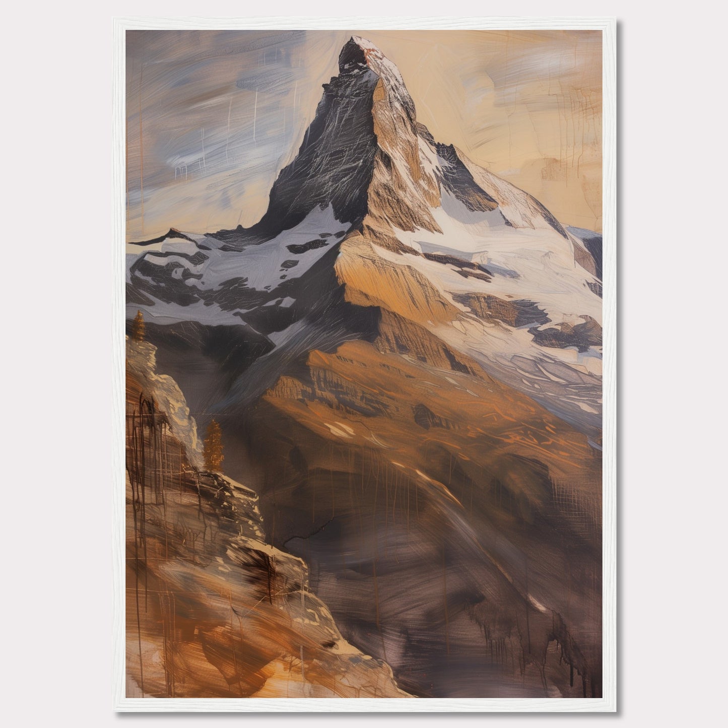 This stunning artwork captures the majestic beauty of a towering mountain peak bathed in warm, golden light. The painting showcases the rugged textures and dramatic contrasts of the rocky terrain, with snow-capped sections adding to its grandeur.