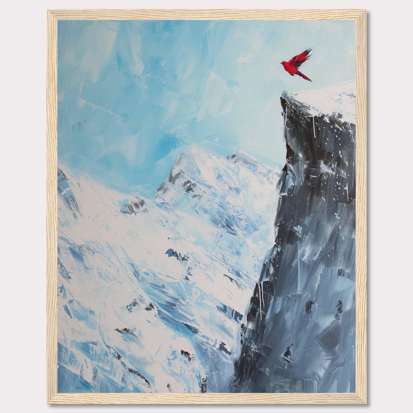 This stunning artwork captures a vibrant red bird soaring above a majestic snow-covered mountain peak, set against a serene blue sky. The contrast between the vivid bird and the icy landscape creates a striking visual impact.