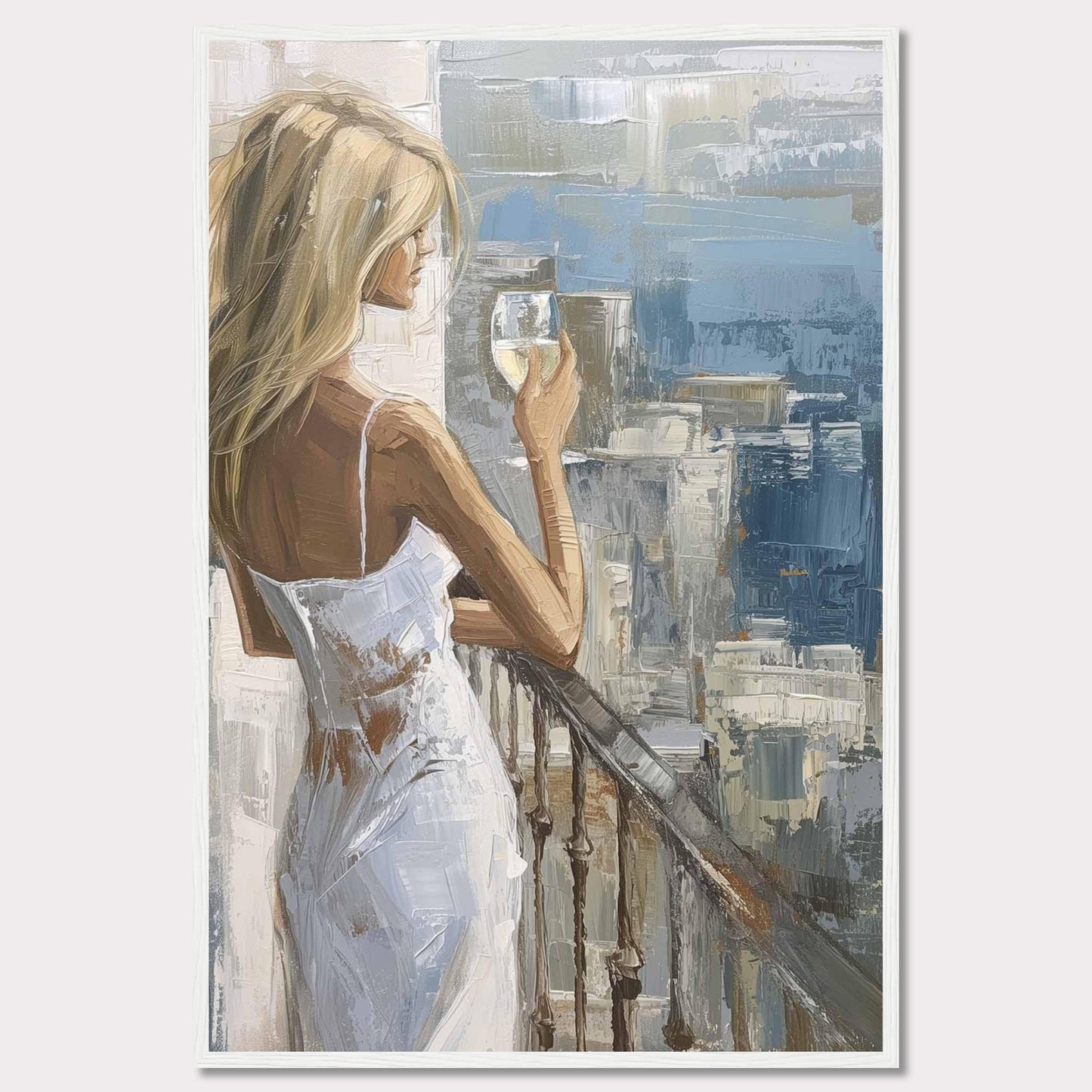 This painting depicts a serene moment where a woman, dressed in a white dress, stands on a balcony holding a glass of wine. The background features an impressionistic cityscape with various shades of blue and gray.