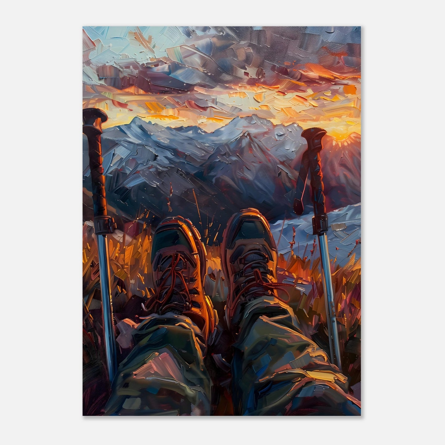 This illustration depicts a serene mountain landscape at sunset, viewed from the perspective of a hiker resting with their legs stretched out.