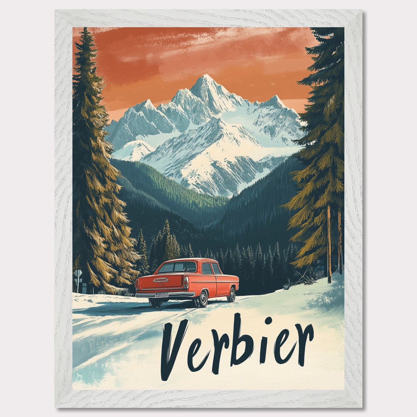 This striking retro-style poster depicts a vintage car driving through a snowy mountain landscape in Verbier. The red car stands out against the backdrop of majestic, snow-covered peaks and towering trees, with the warm orange hues of the sky adding to the nostalgic vibe. The vintage typography and artistic style evoke the allure of road trips through the Swiss Alps, offering a sense of freedom and adventure in a winter wonderland.