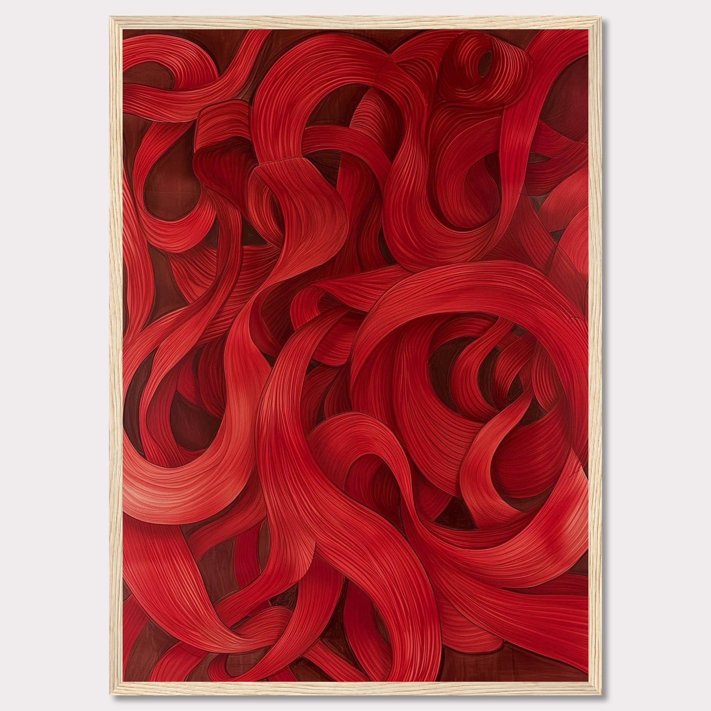 This captivating artwork features a mesmerizing array of red swirls and curves, creating a dynamic and flowing visual experience. The intricate details and rich hues draw the viewer in, evoking a sense of movement and passion.