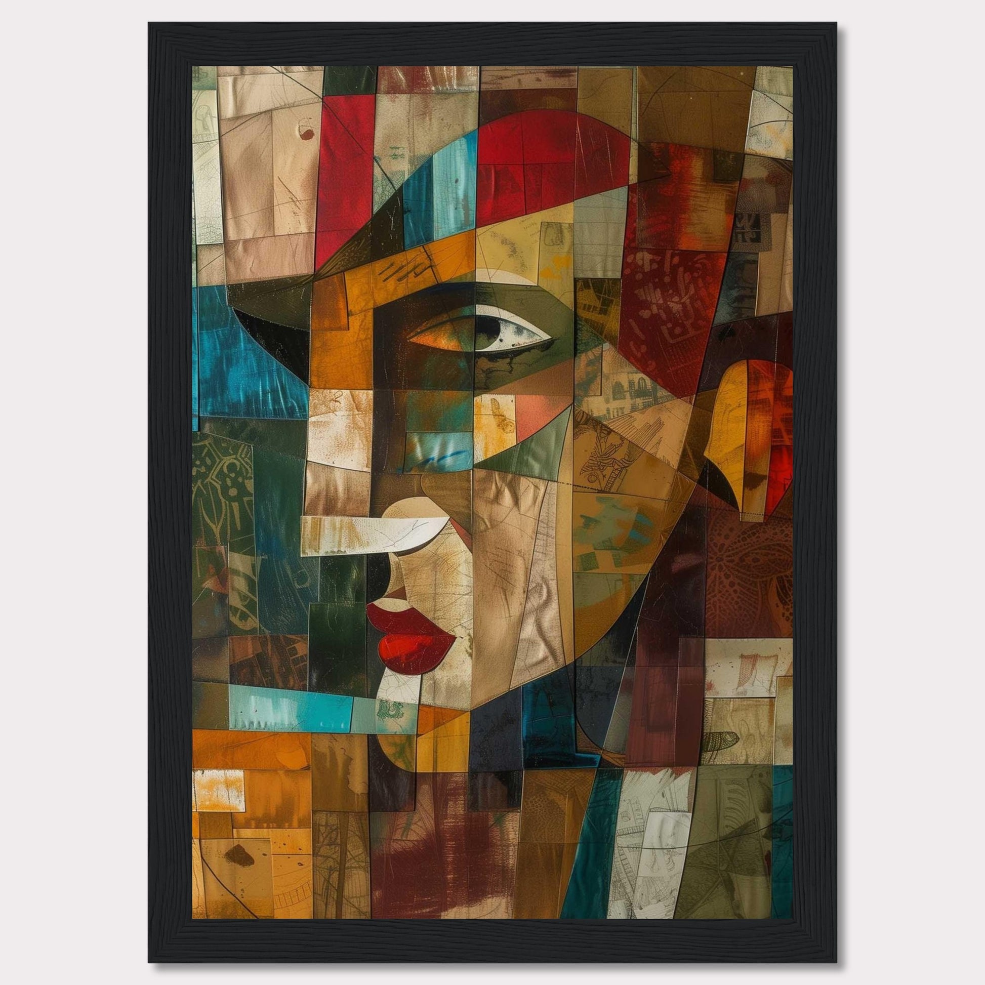 This captivating artwork features a cubist-style portrait, blending vibrant colors and geometric shapes to create a striking visual. The image showcases an abstract face with prominent red lips, a sharp nose, and expressive eyes.