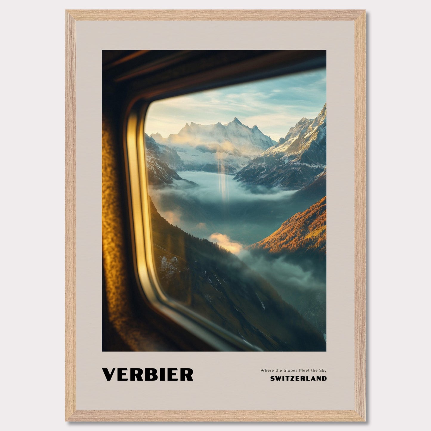 This poster showcases a mesmerizing view of the high-altitude slopes of Verbier, where mountain peaks seem to touch the sky. Thick mist covers the valleys below, creating a sense of mystery, while beams of sunlight break through the clouds, adding warmth and harmony to the scene.