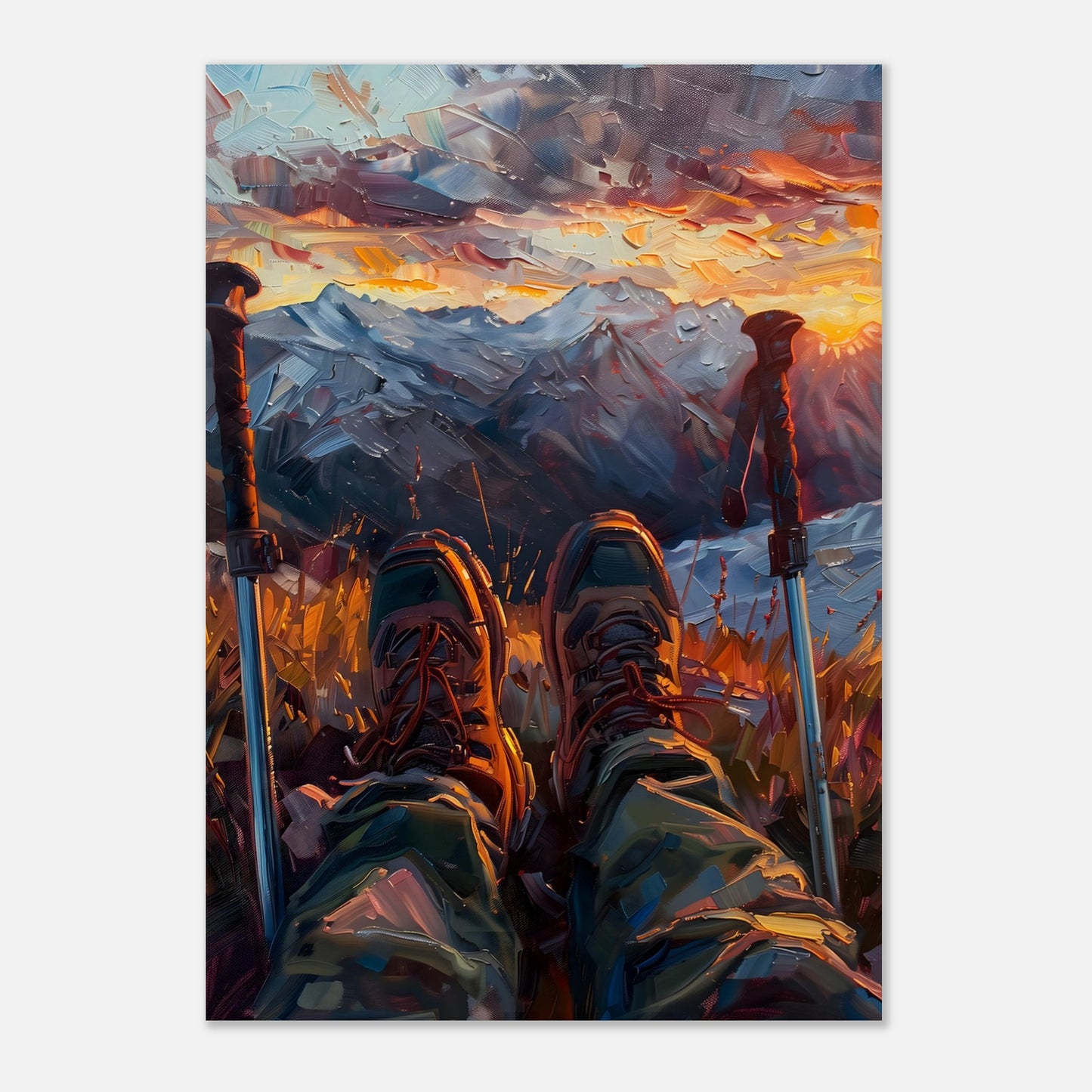 This illustration depicts a serene mountain landscape at sunset, viewed from the perspective of a hiker resting with their legs stretched out.