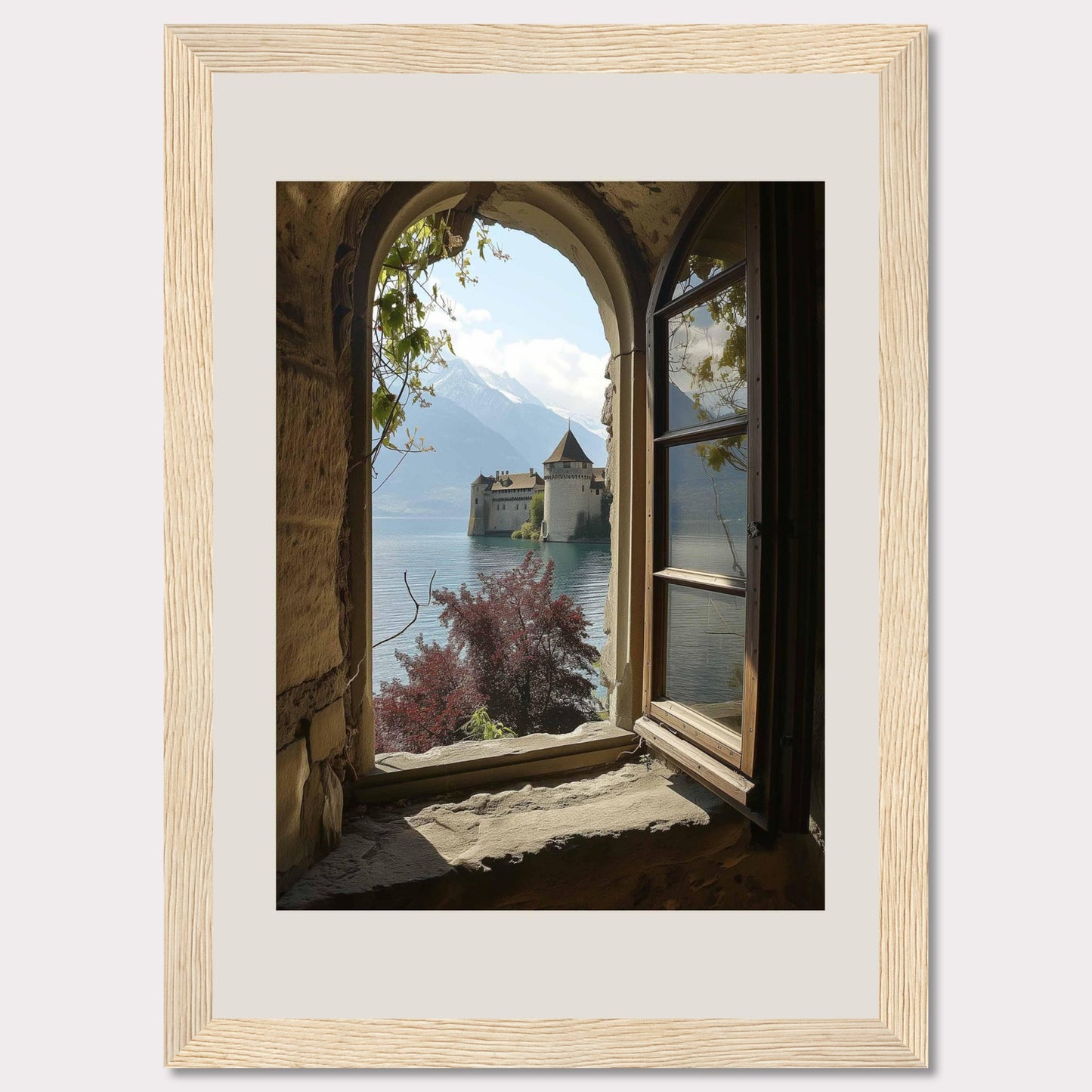 Experience the serene beauty of a picturesque castle by a tranquil lake, framed perfectly by an ancient stone window. The majestic mountains in the background add to the breathtaking scenery.