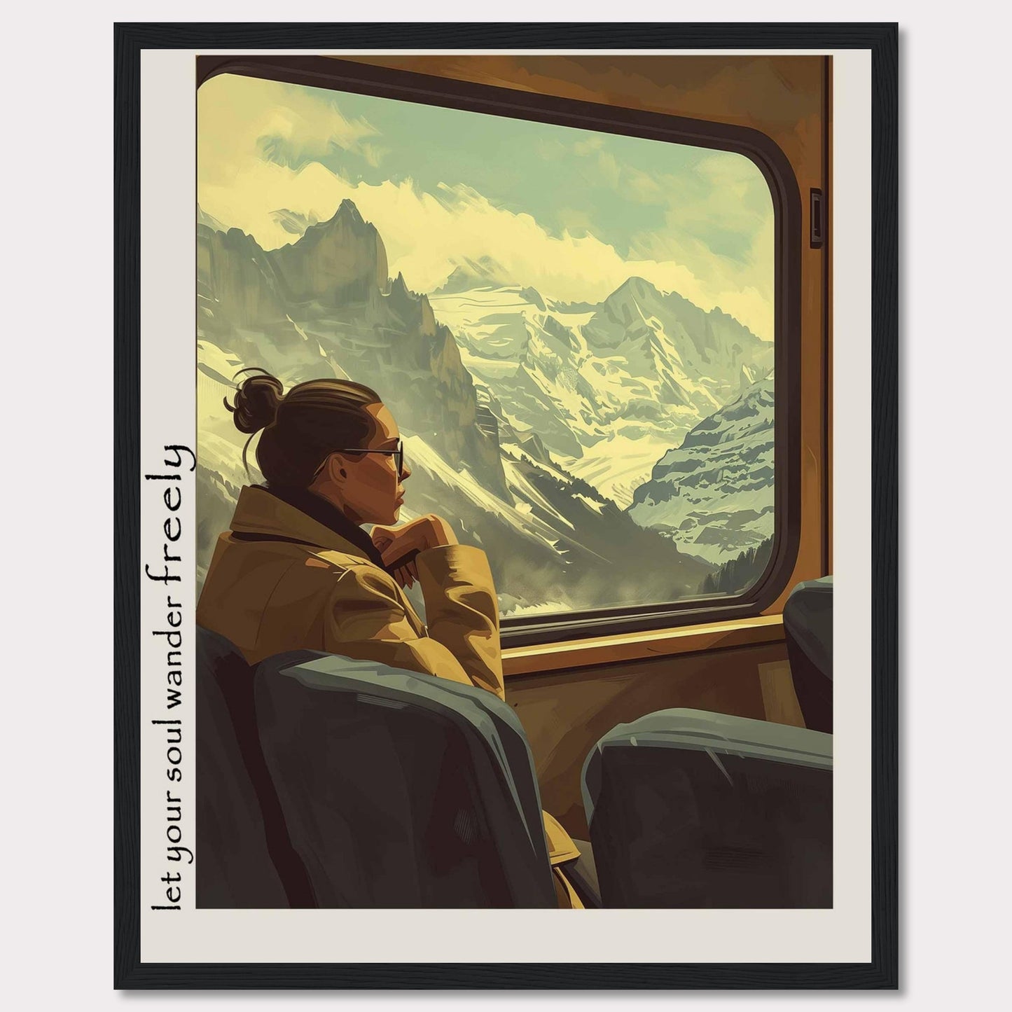 This image depicts a serene moment of a woman gazing out of a train window at a breathtaking mountain landscape. The scene is framed with the text "Let your soul wander freely" on the left side.