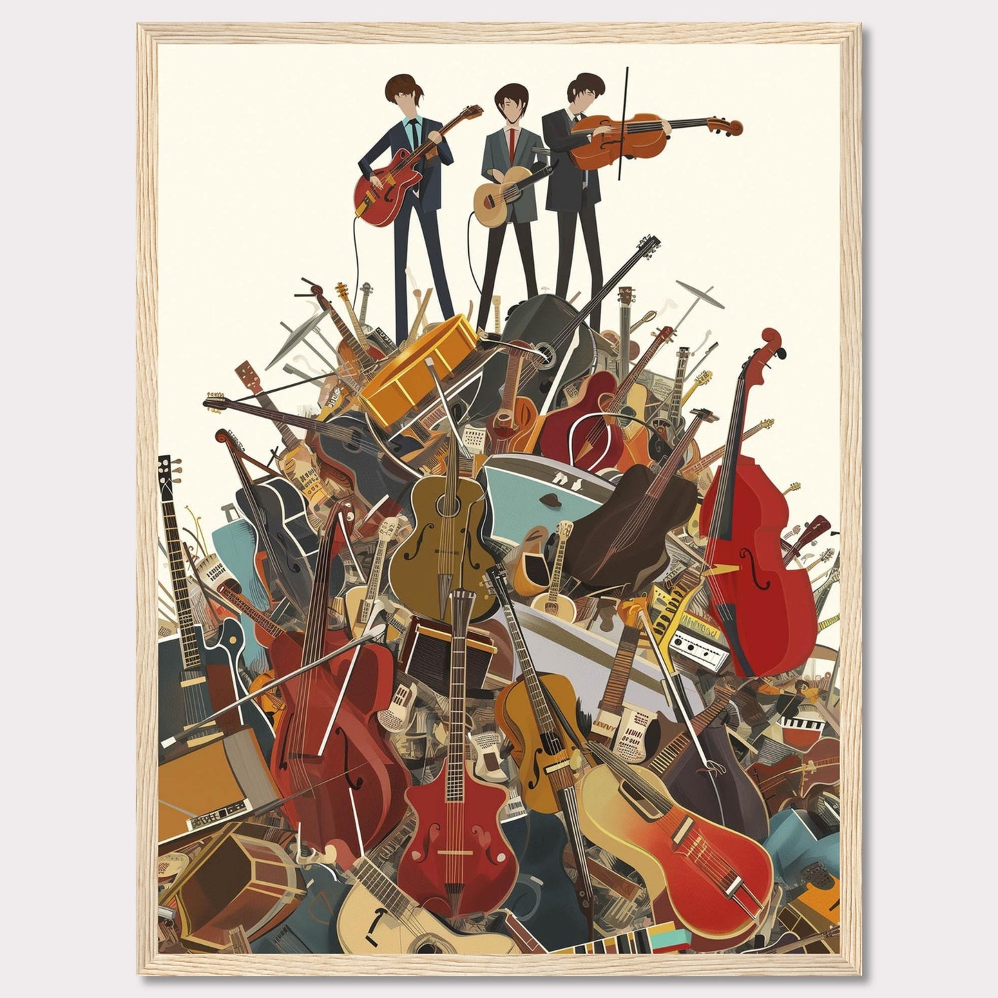 This vibrant illustration captures three musicians standing atop a towering pile of various musical instruments. The scene is filled with guitars, violins, cellos, drums, and more, creating a lively and energetic atmosphere.