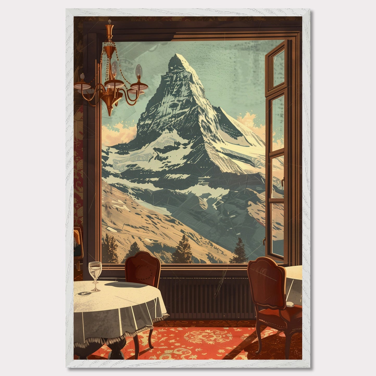 Witness the breathtaking view of a majestic snow-capped mountain through an elegantly framed window. This serene setting features a cozy dining area with classic furniture, a radiant chandelier, and a beautifully patterned carpet.