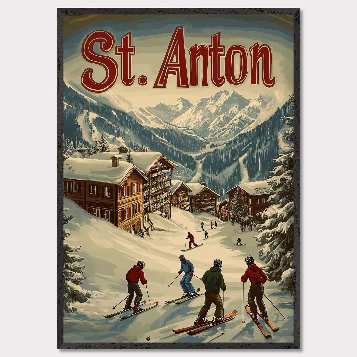 This stunning vintage-inspired poster depicts the idyllic town of St. Anton nestled beneath towering snow-capped peaks. The ski slopes are alive with activity, with skiers descending toward the charming wooden chalets. The warm hues in the sky add a sense of tranquility to the winter landscape, while the retro typography and art style transport the viewer to a time when winter holidays in the Alps were the height of elegance and adventure.