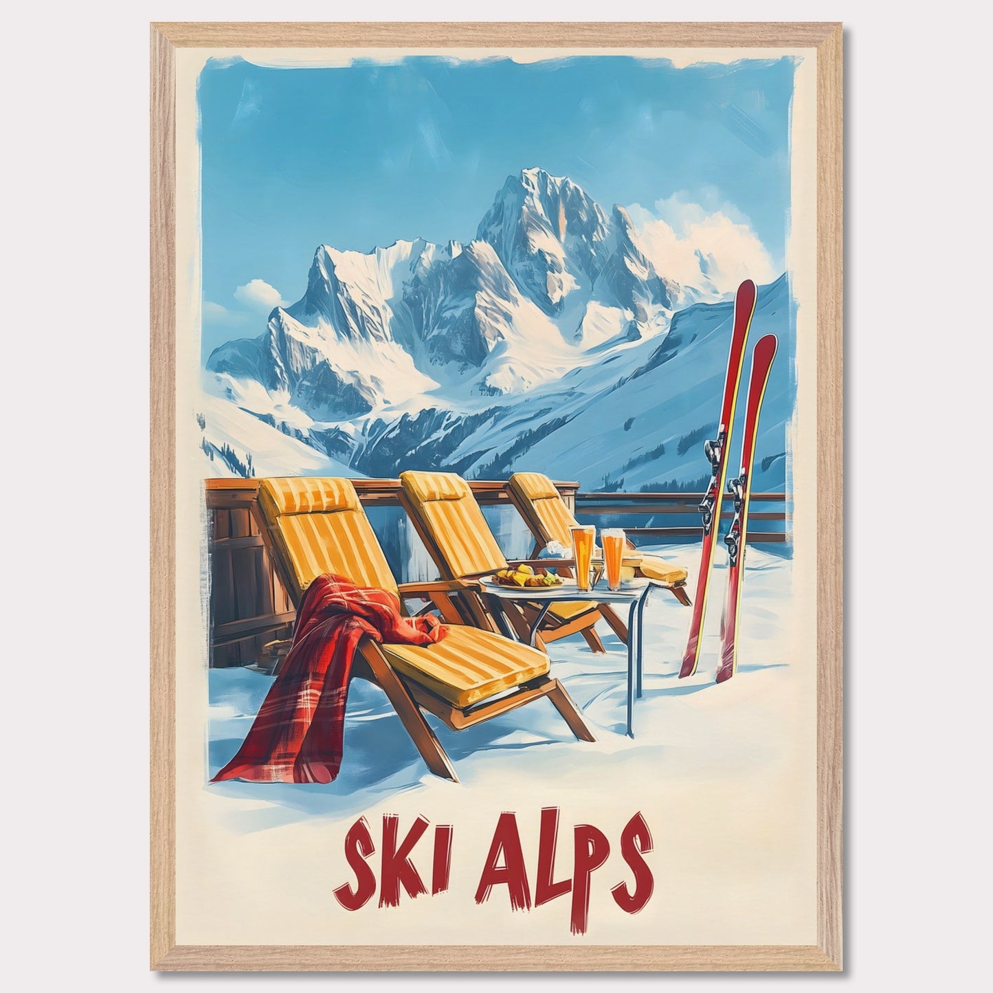 This vibrant poster captures the joy of a sunlit winter day in the Alps. Relaxation takes center stage with inviting lounge chairs draped in cozy blankets, complemented by refreshing beverages and a mountain backdrop that stretches into the clear blue sky.