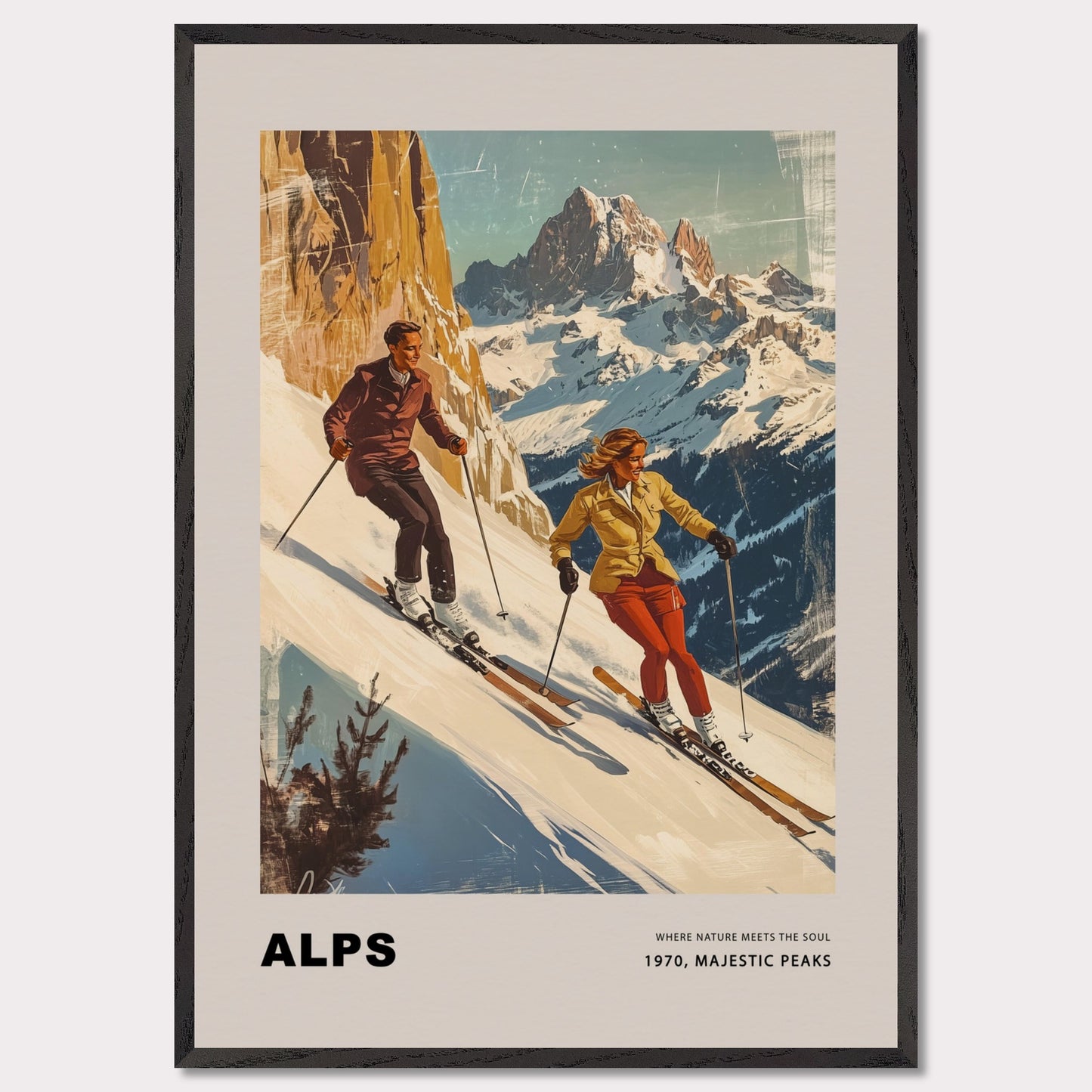 This striking vintage poster celebrates the grandeur of the Alps, depicting a dynamic pair of skiers descending snowy slopes with towering peaks in the background. Their confident movements against the crisp, majestic scenery capture the essence of alpine adventure. The warm, retro tones paired with the timeless typography evoke a sense of nostalgia and the spirit of mountain exploration.