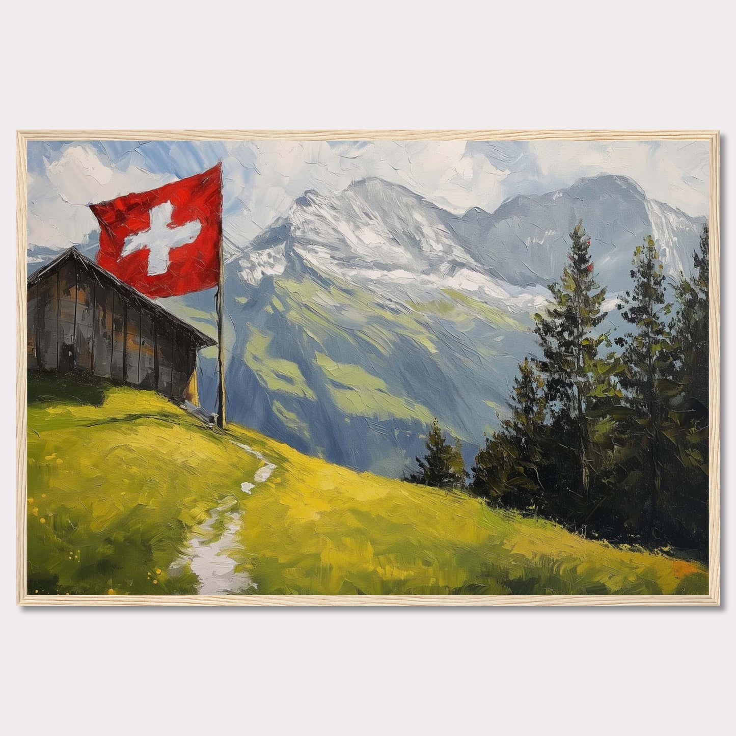 This stunning painting captures the serene beauty of a Swiss alpine landscape. A quaint wooden cabin is perched on a lush green hillside, with a vibrant Swiss flag fluttering proudly beside it. Majestic snow-capped mountains rise in the background, contrasting beautifully with the verdant foreground. Tall evergreen trees add depth and texture to the scene.